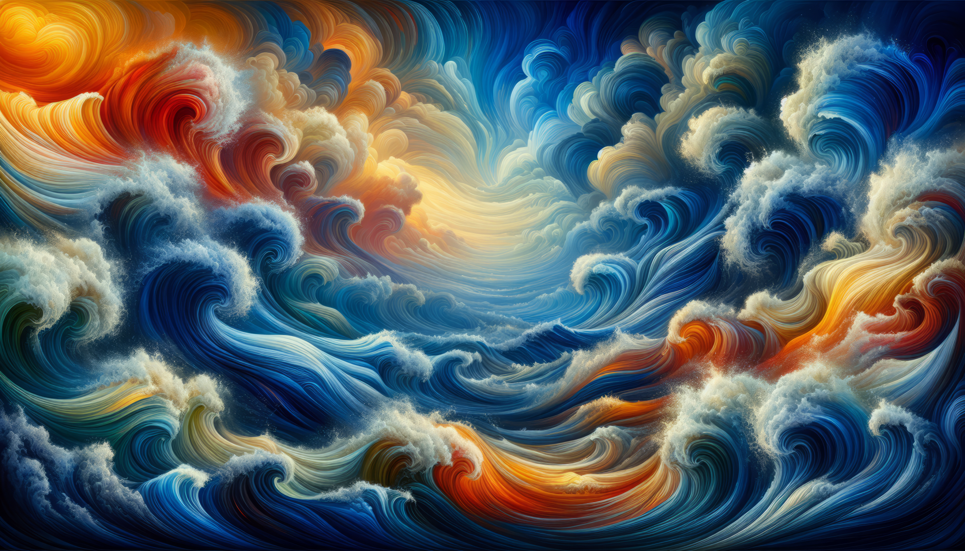 Abstract wave-patterned HD desktop wallpaper with dynamic blue and orange swirls evoking the sea.