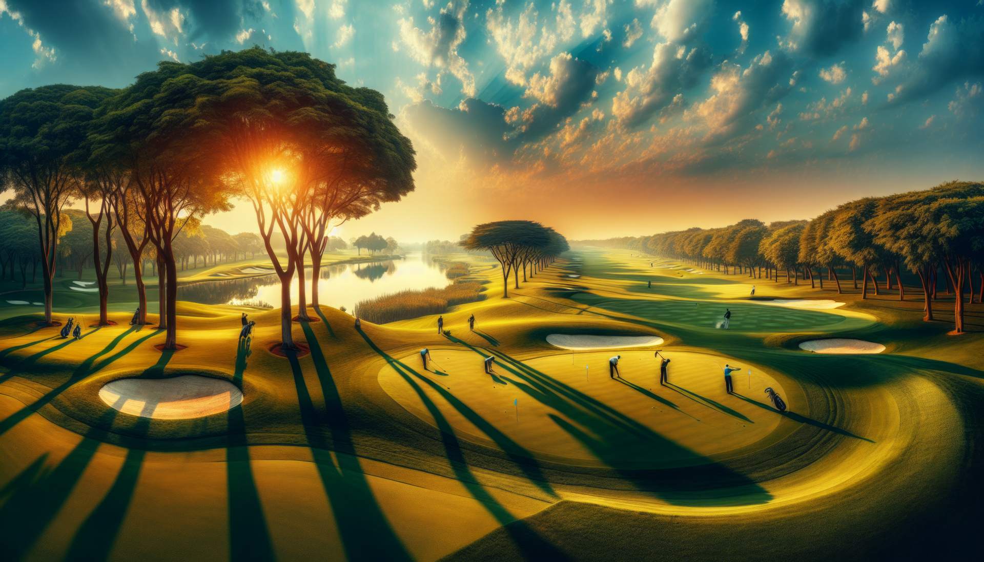 HD wallpaper of a serene golf course at sunset with stunning tree shadows and vibrant sky.