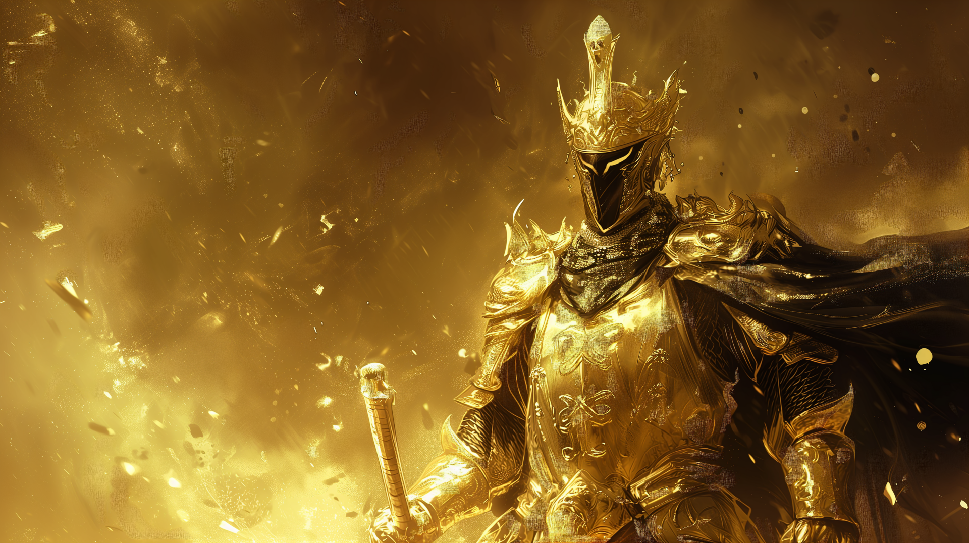 HD wallpaper of a majestic golden armored king with crown and sword for desktop background.