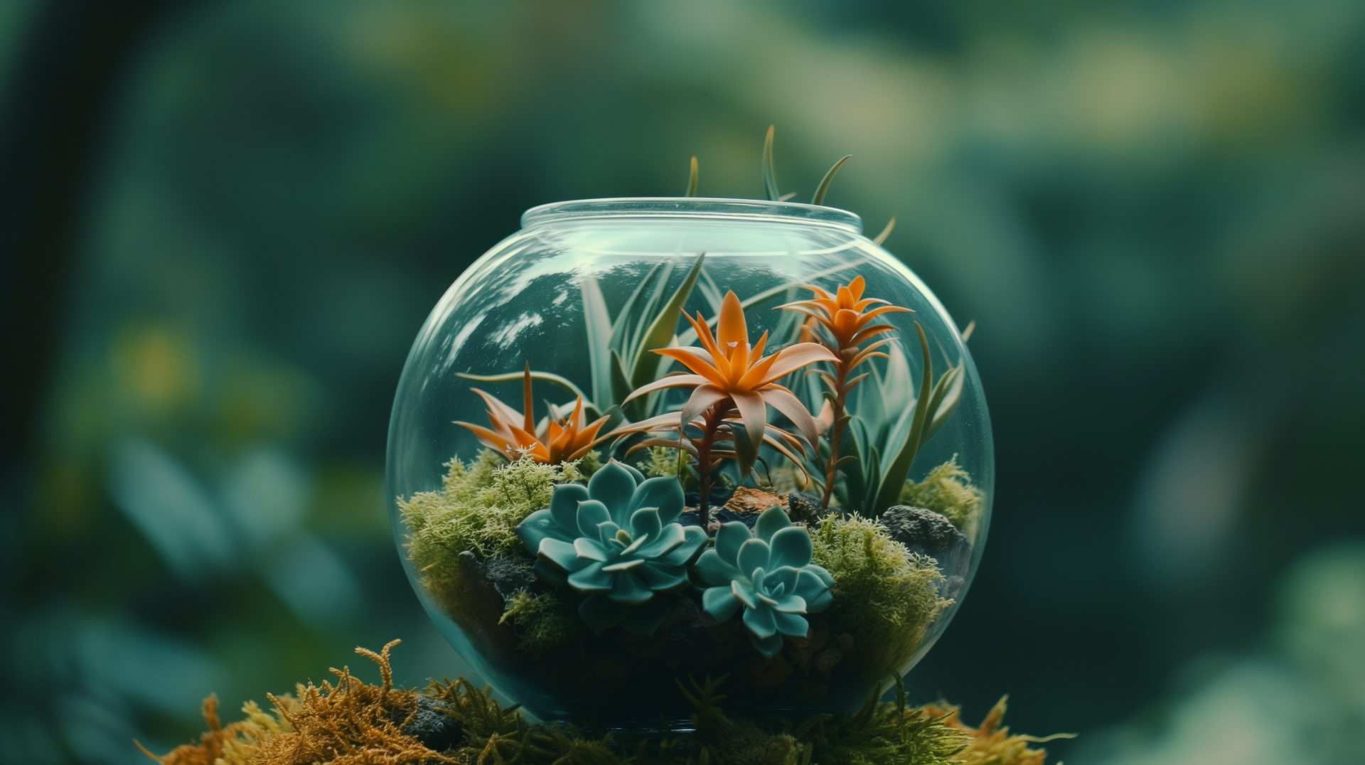 HD wallpaper of a serene glass terrarium featuring lush succulents and vibrant orange flowers, set against a soft-focus green background for a tranquil desktop background.