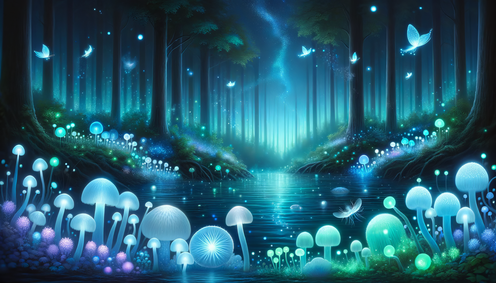 A captivating HD wallpaper featuring bioluminescent mushrooms glowing in a mystical forest, with shimmering reflections in a serene water body surrounded by vibrant flora.