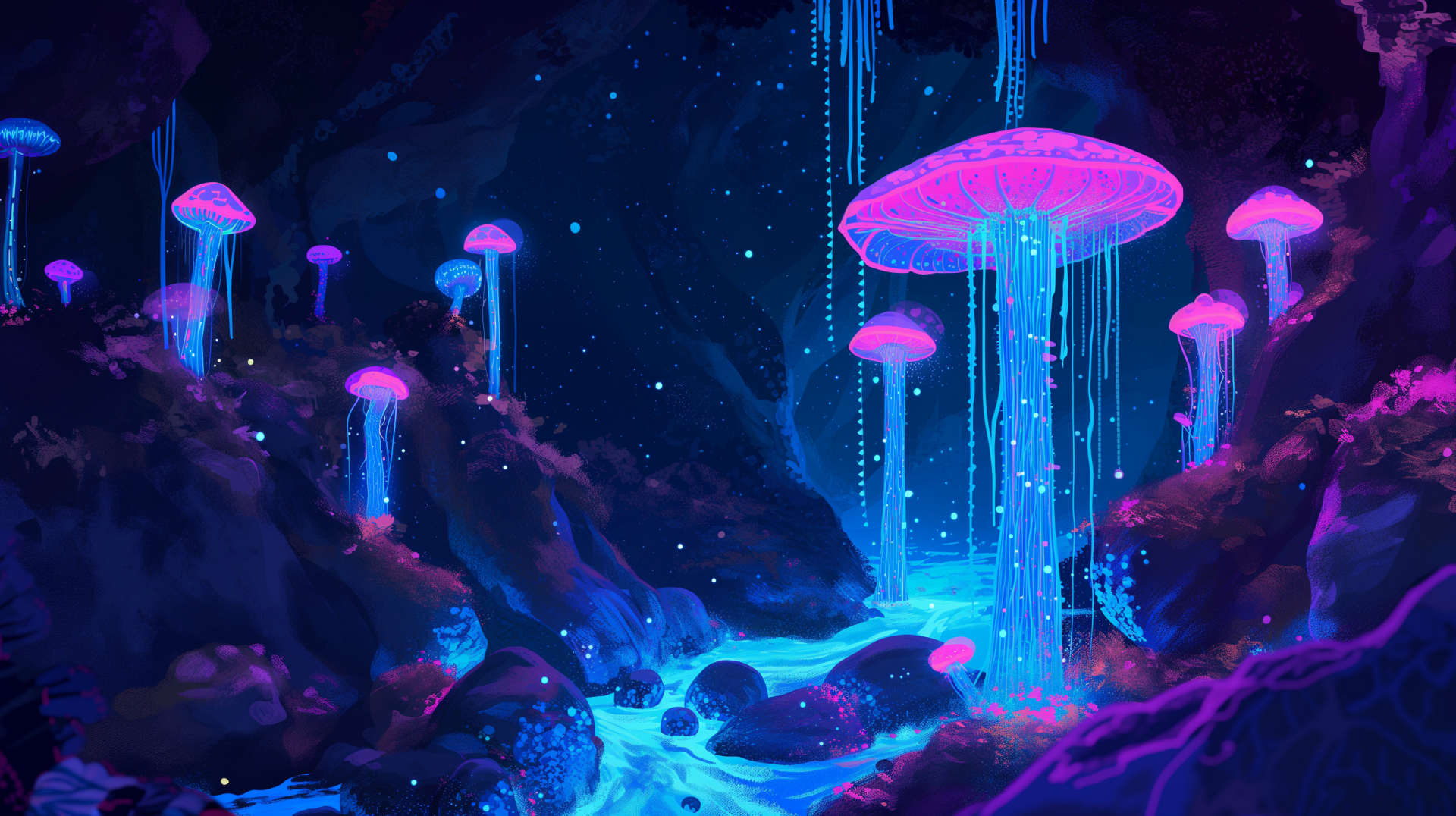 A captivating fantasy cave illuminated by bioluminescent mushrooms, featuring vibrant pink and blue colors. This HD desktop wallpaper creates a surreal and enchanting atmosphere.