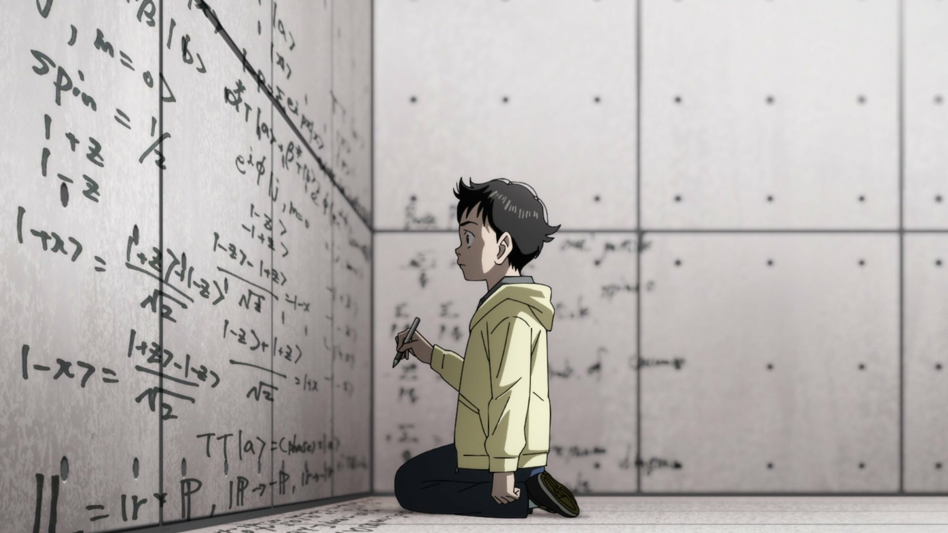 Anime character from Pluto 2023 contemplating equations on chalkboard - HD anime wallpaper