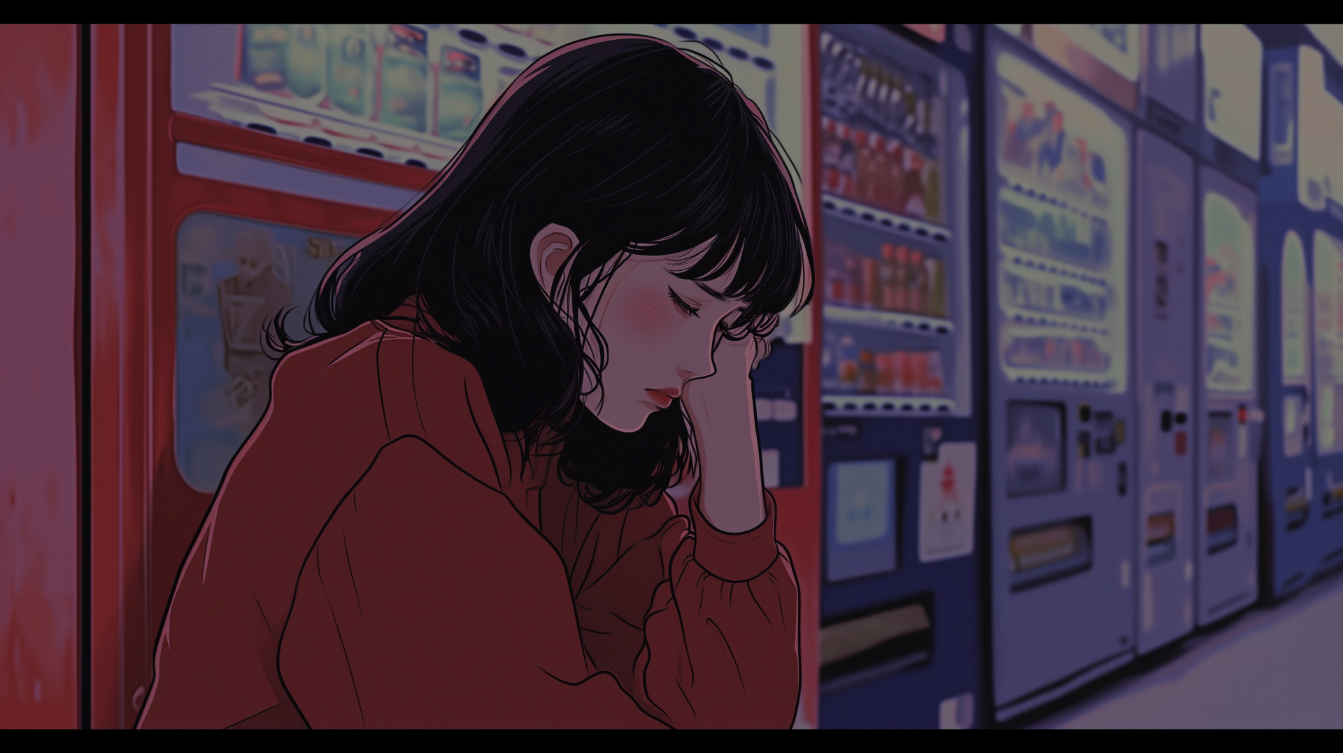 HD wallpaper featuring a melancholic lofi girl leaning on her hand in front of a vending machine, exuding a reflective mood.