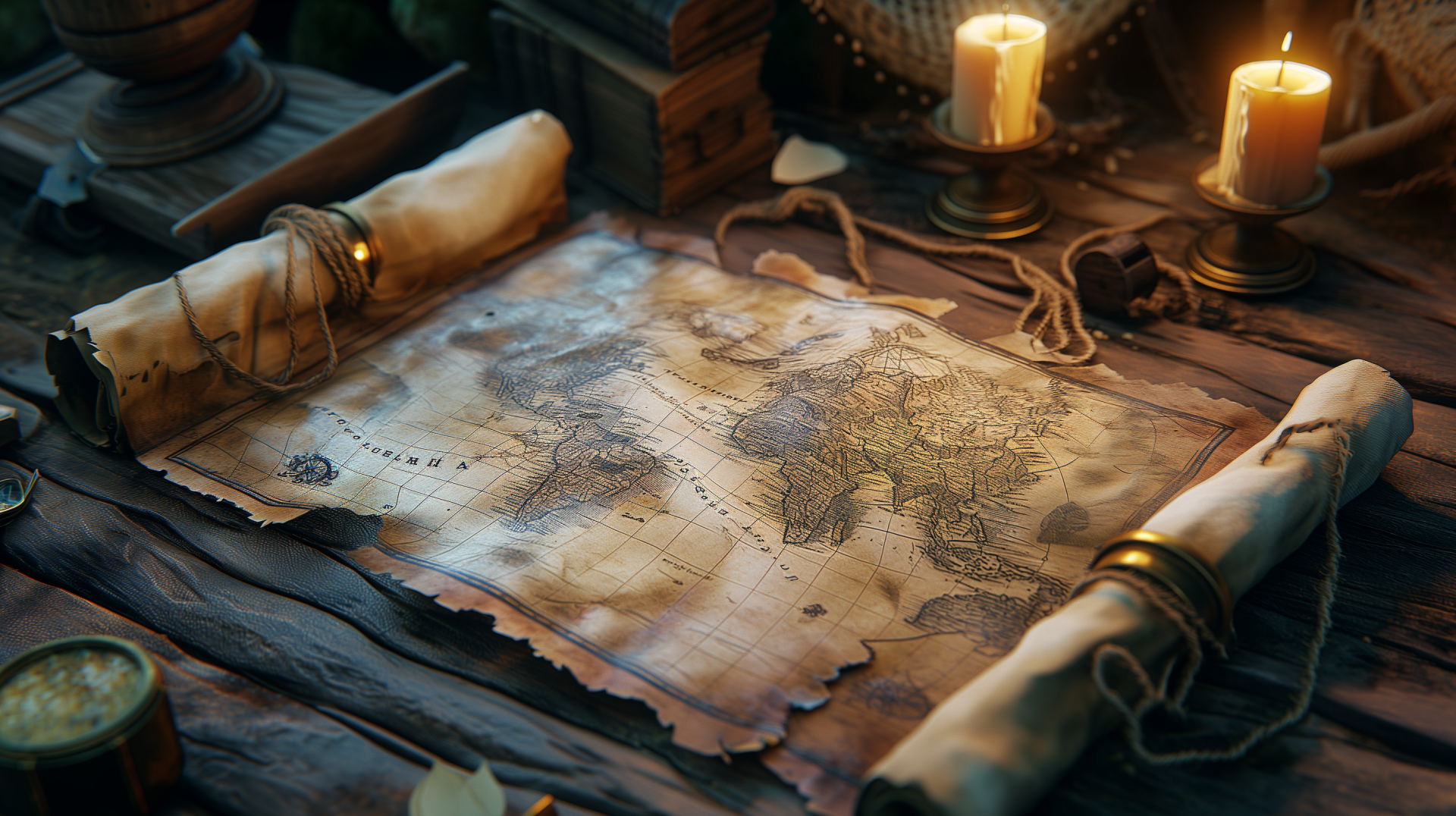 HD desktop wallpaper featuring a detailed treasure map with a vintage aesthetic, surrounded by lit candles, creating a warm and adventurous atmosphere.