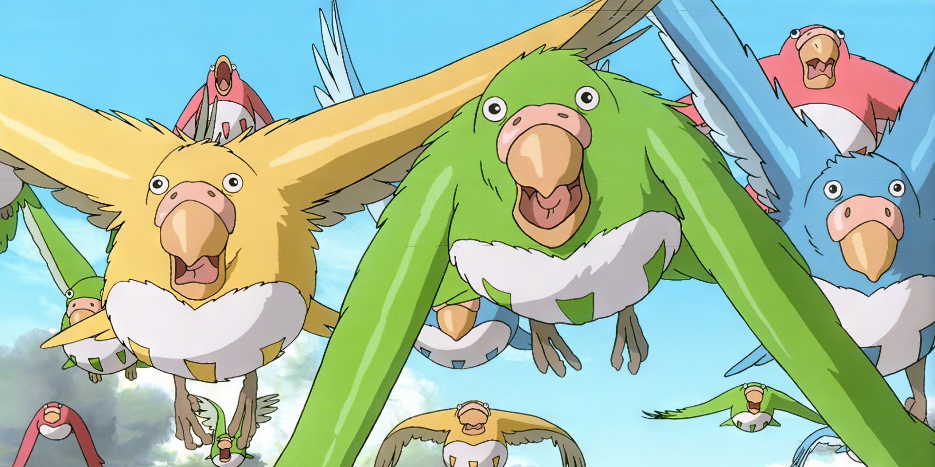 Anime style HD desktop wallpaper featuring a flock of vibrant, flying green parrots against a blue sky background, tagged with The Boy and the Heron.