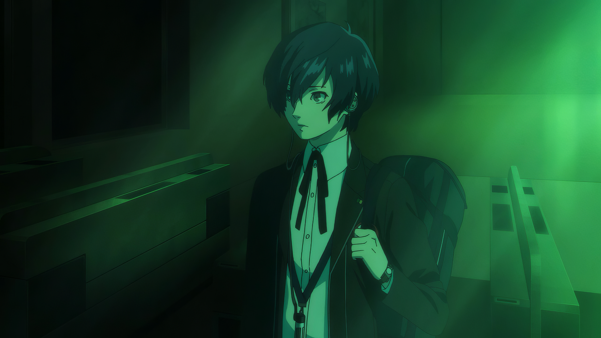 HD desktop wallpaper from Persona 3 Reload featuring a stylized character in a green-tinged setting.