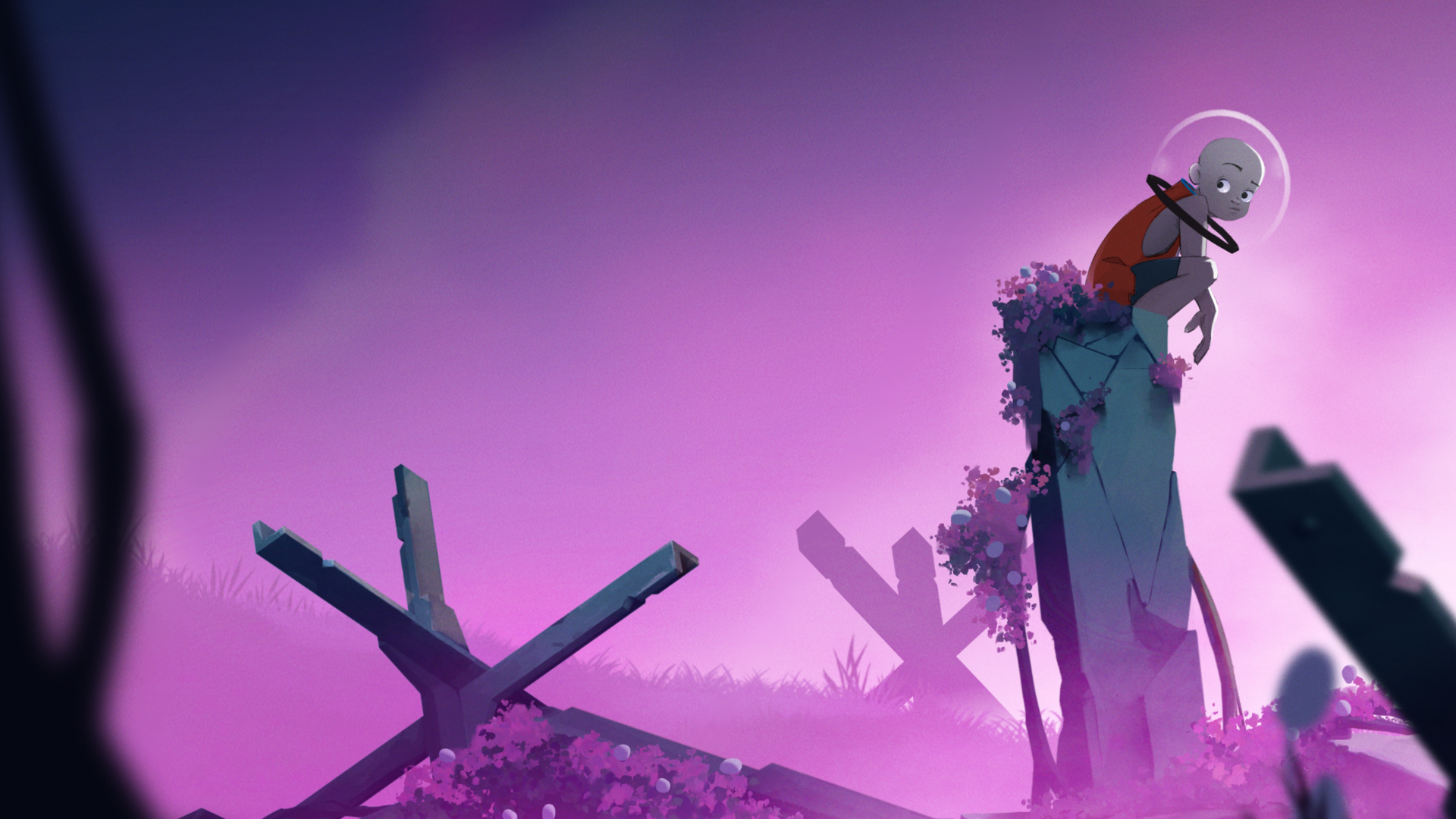 HD wallpaper of The Cub video game featuring a character in a surreal purple-tinted landscape with scattered crosses and flowers.