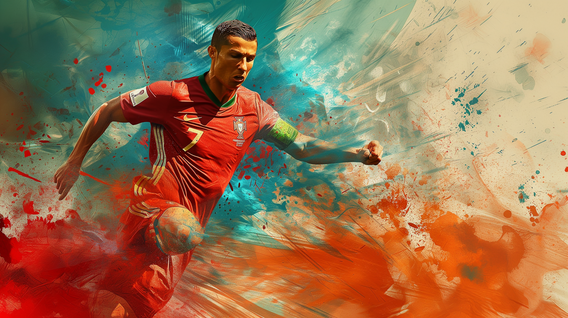 Cristiano Ronaldo in action, wearing the Portugal National Football Team jersey, surrounded by vibrant splashes of color. A dynamic HD soccer wallpaper capturing sports passion.