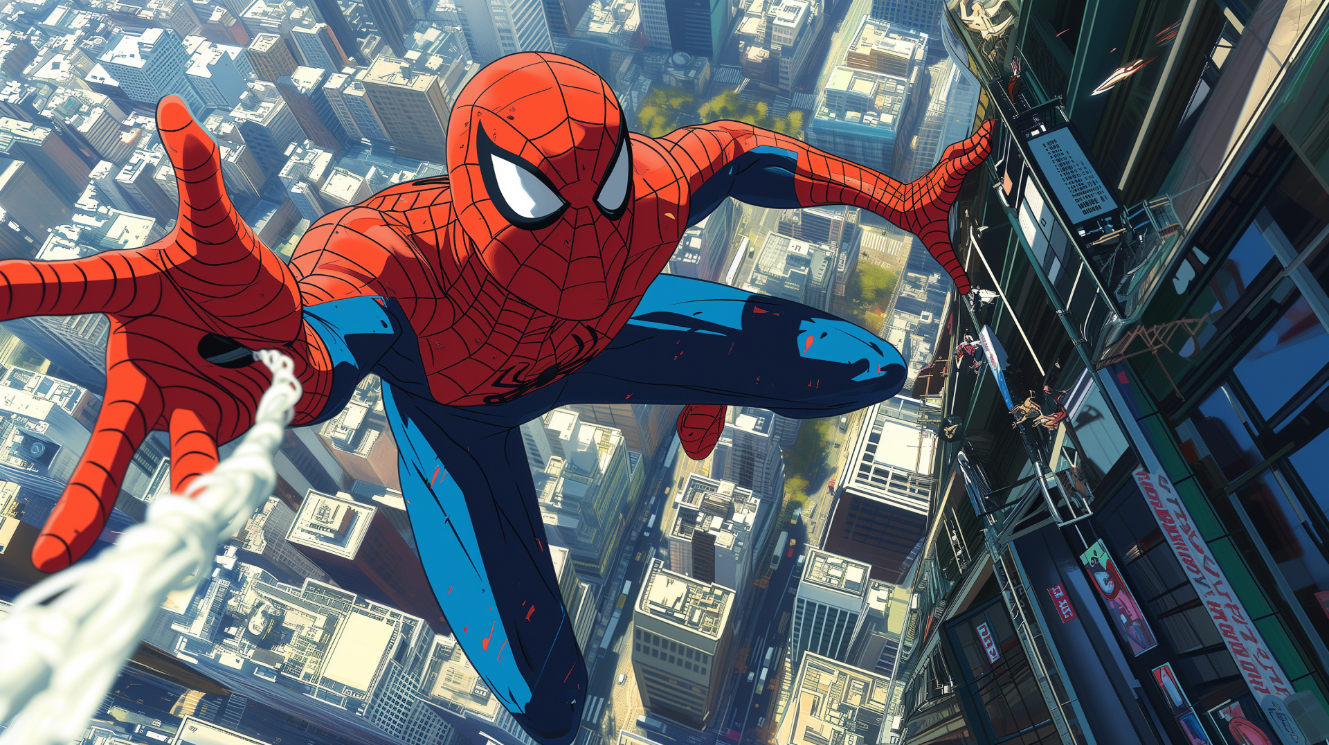 High-resolution Spider-Man wallpaper depicting the superhero swinging through a cityscape for desktop background.