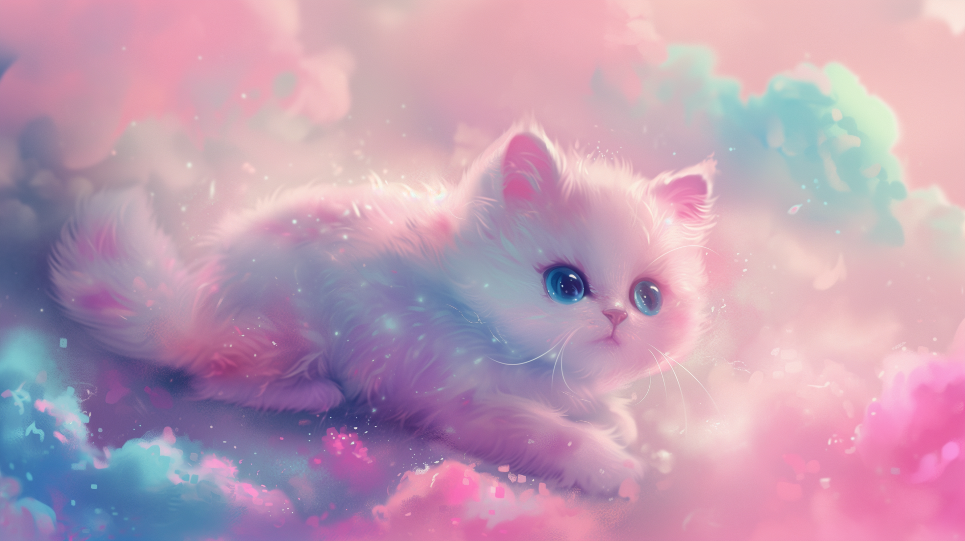 A HD desktop wallpaper featuring a cute, fluffy cat with big eyes amongst dreamy pink and blue clouds.