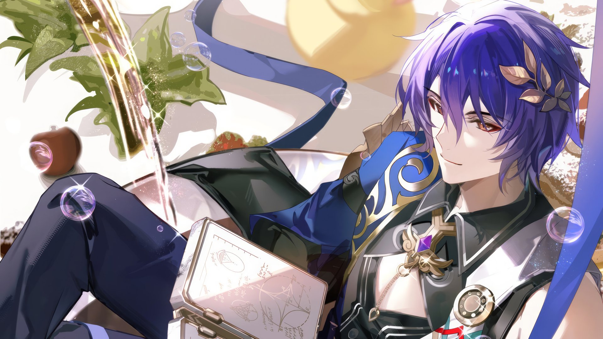 HD desktop wallpaper featuring Dr. Ratio from the video game Honkai: Star Rail, depicting a character with purple hair relaxing amidst vibrant nature and whimsical elements.