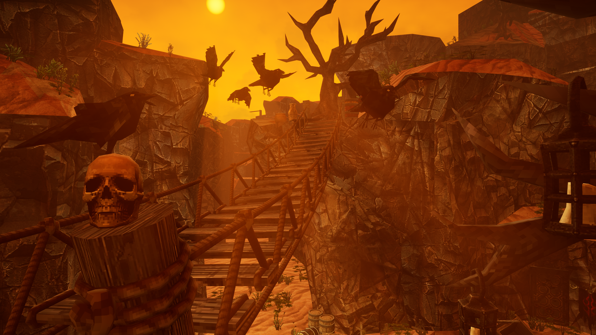 HD wallpaper of Graven video game featuring a haunting bridge with skulls in an eerie, sunset-lit landscape.