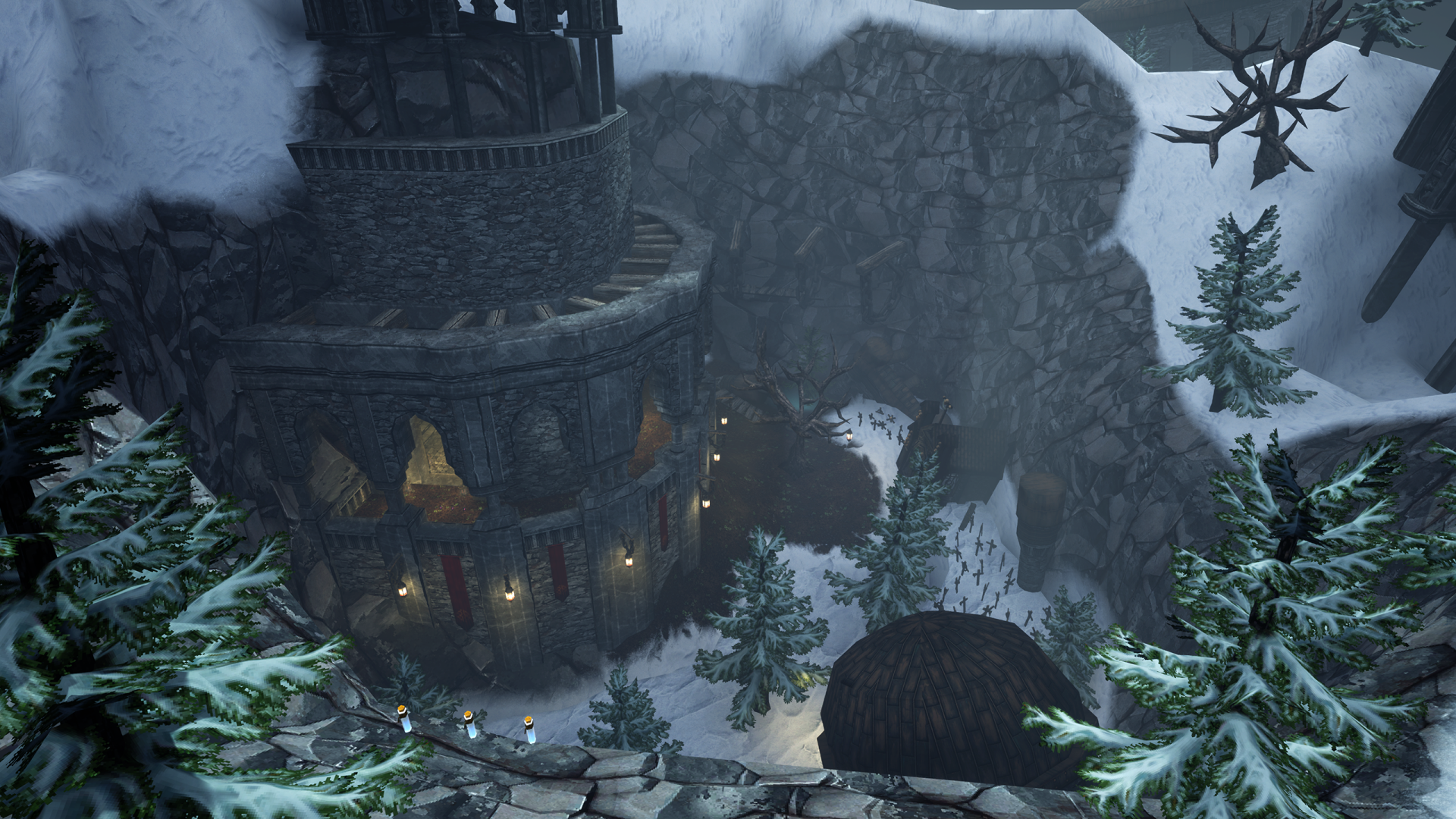 HD wallpaper featuring a snowy scene from the video game Graven with a stone tower amidst a wintry landscape.