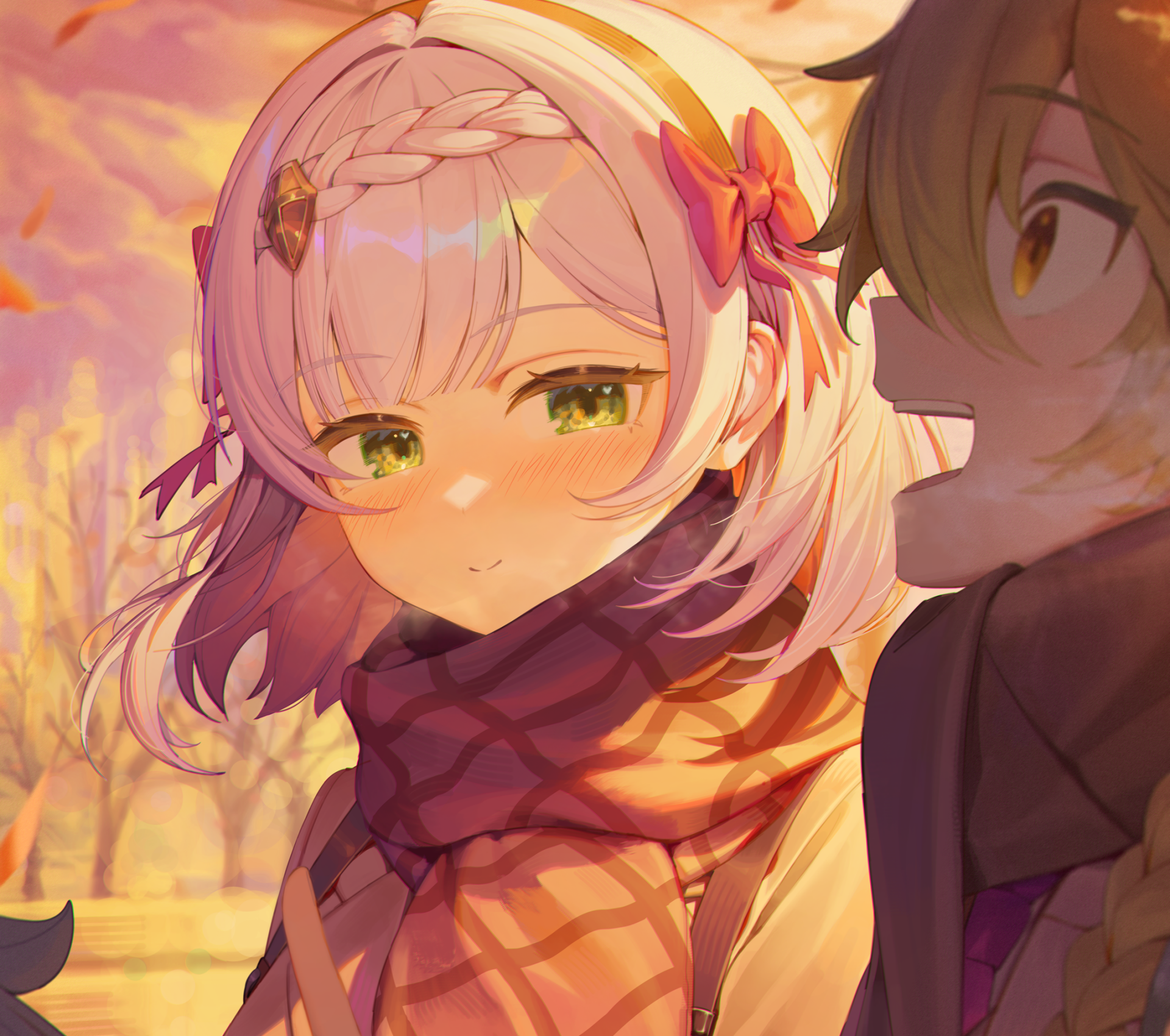 HD PC desktop wallpaper featuring Genshin Impact characters Noelle and Aether with warm, autumnal lighting and detailed anime-style artwork.
