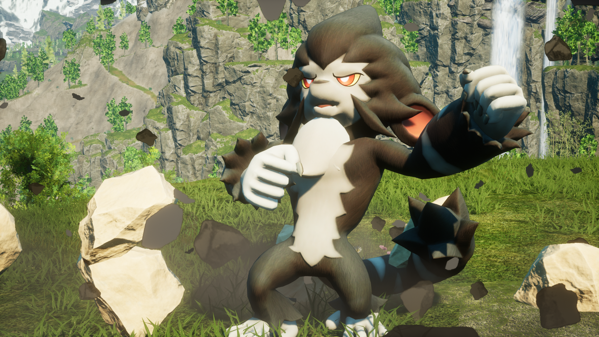 Palworld character in a vivid HD desktop wallpaper with a dynamic pose against a natural waterfall backdrop.