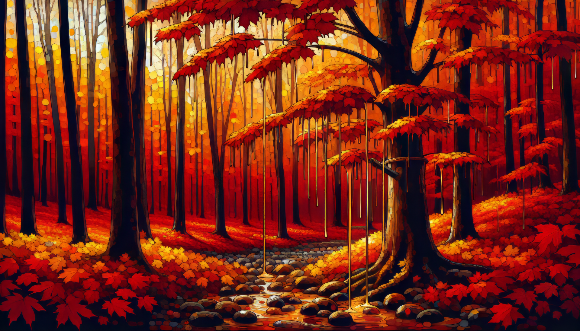 HD wallpaper featuring a vibrant autumn maple forest with trees and fallen leaves, evoking the essence of maple syrup.