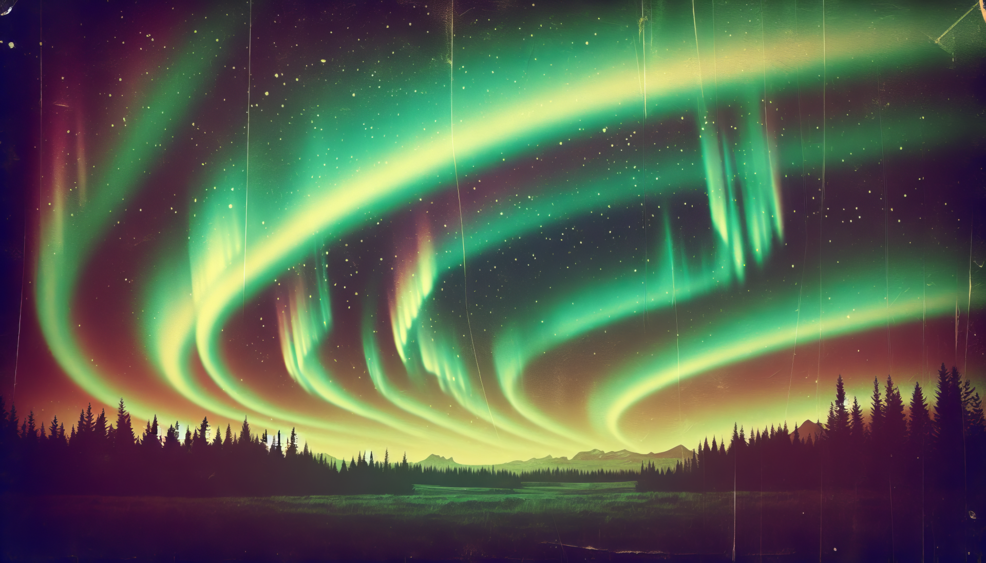 HD wallpaper of the Northern Lights displaying vibrant green and yellow hues above a serene forest landscape.