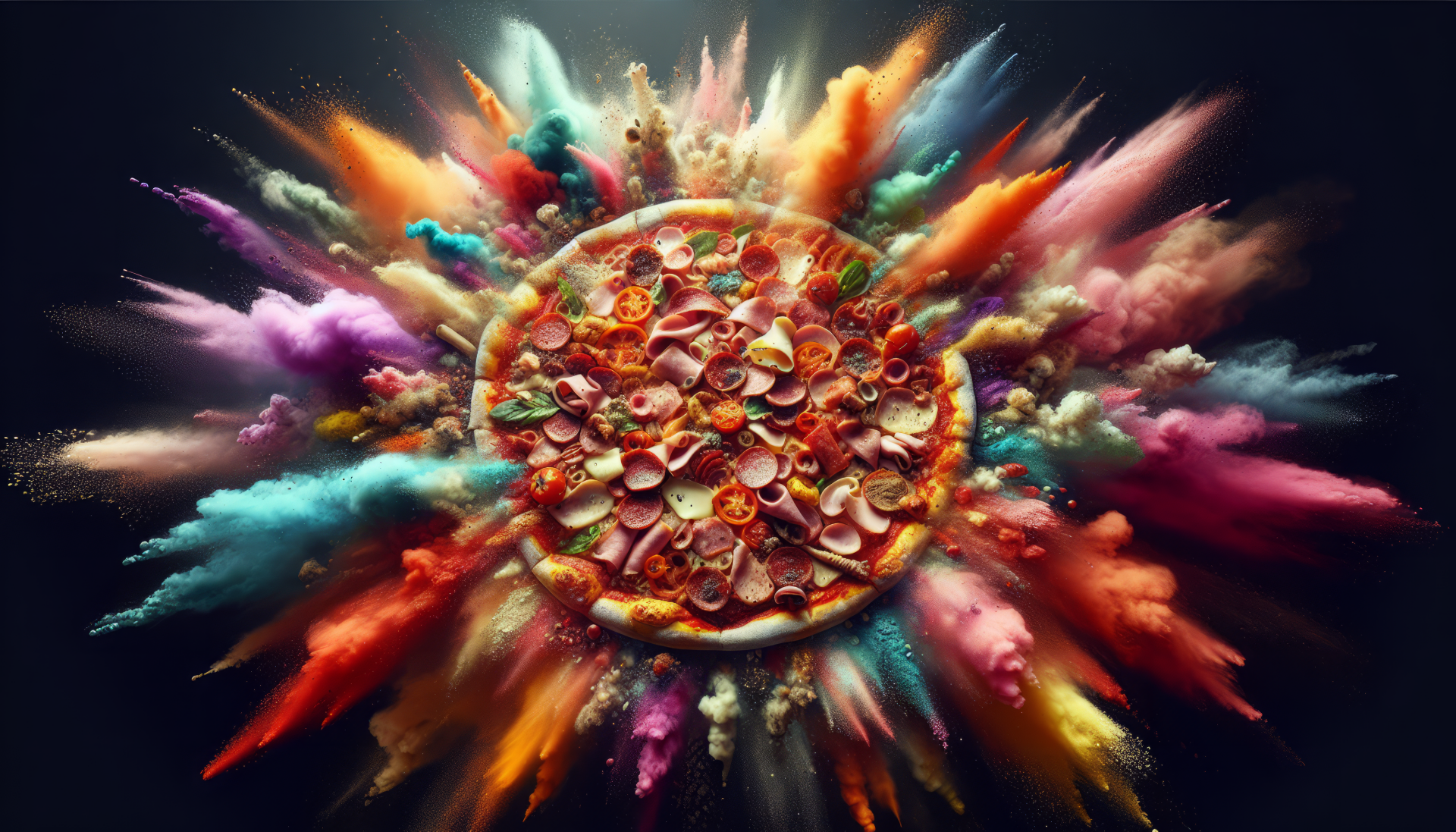 High-definition desktop wallpaper featuring an explosive, colorful depiction of a meat lovers pizza with vibrant effects.