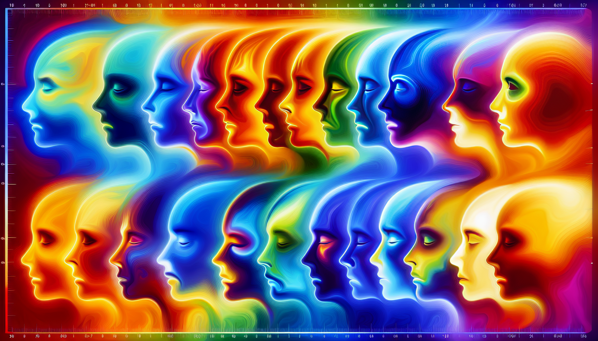Colorful HD desktop wallpaper featuring a repeated pattern of abstract human face profiles expressing a range of emotions.