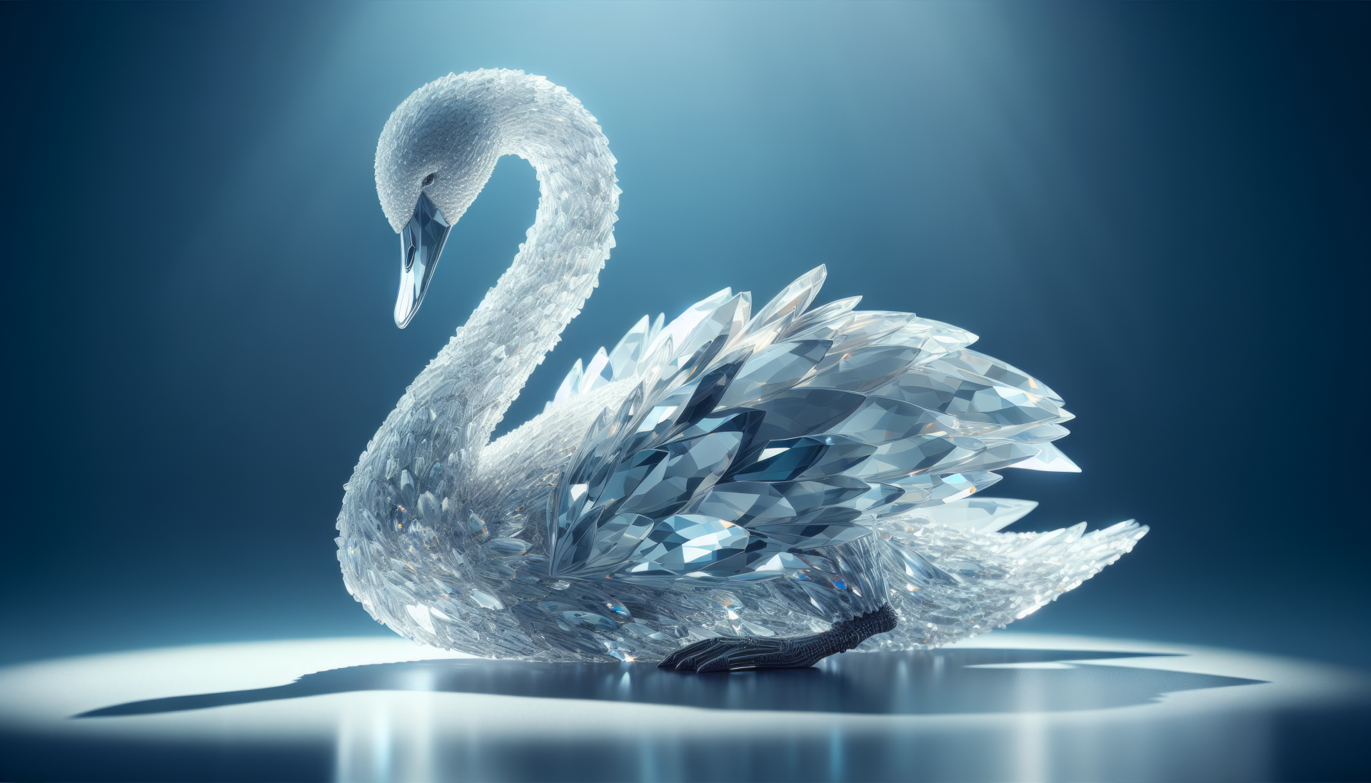 Elegant crystal trumpeter swan on a serene blue background, HD wallpaper.