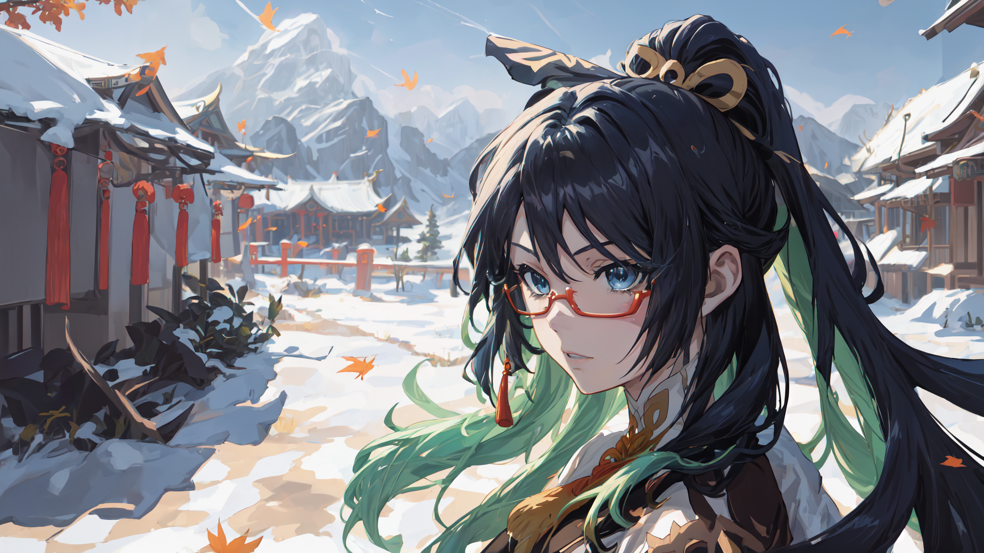 HD desktop wallpaper featuring a character from Genshin Impact video game set against a snowy mountain backdrop with traditional architecture.