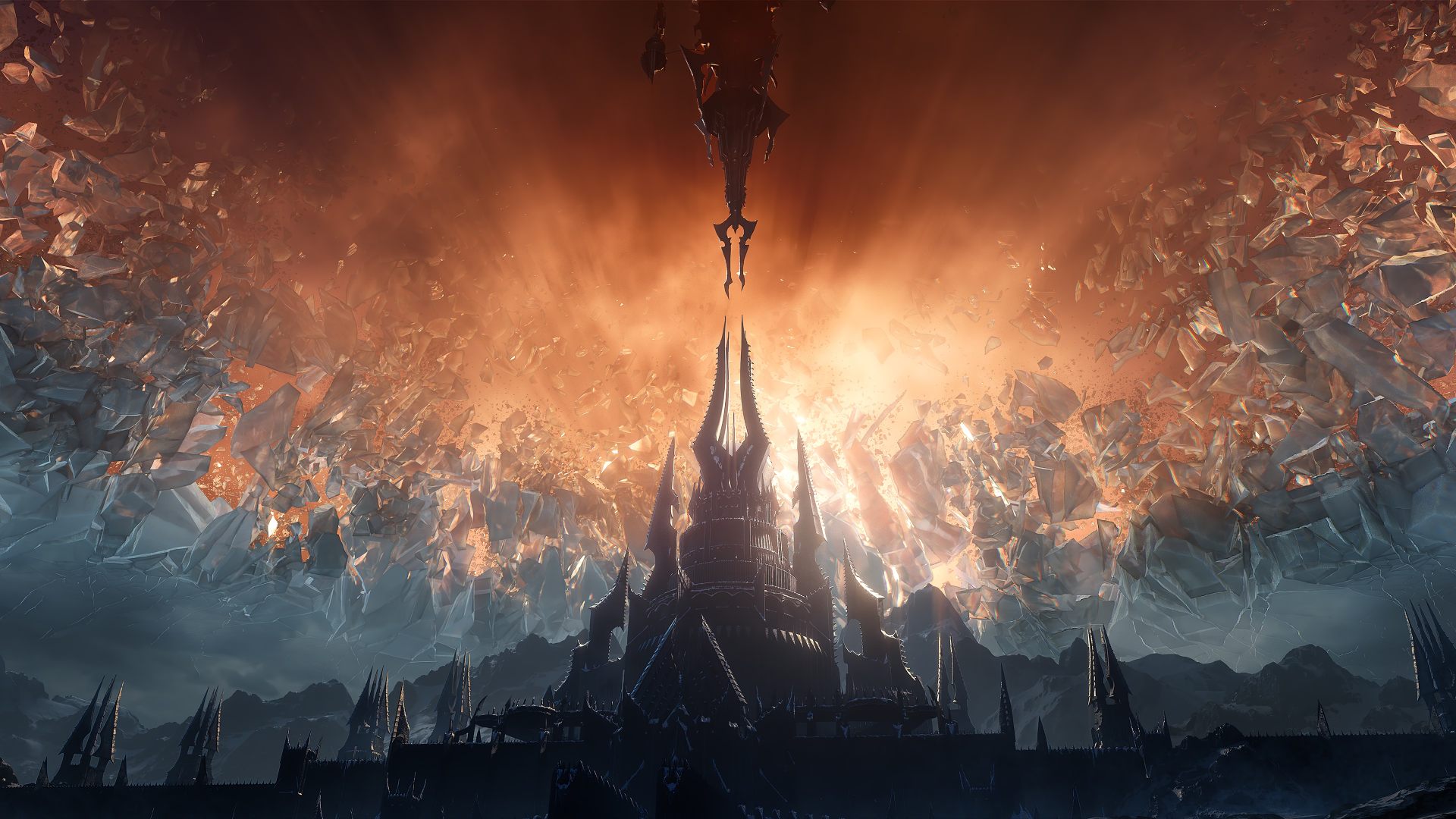 A dramatic HD desktop wallpaper from World of Warcraft: Shadowlands, featuring a towering castle against a fiery sky, evoking a sense of grandeur and mystery.