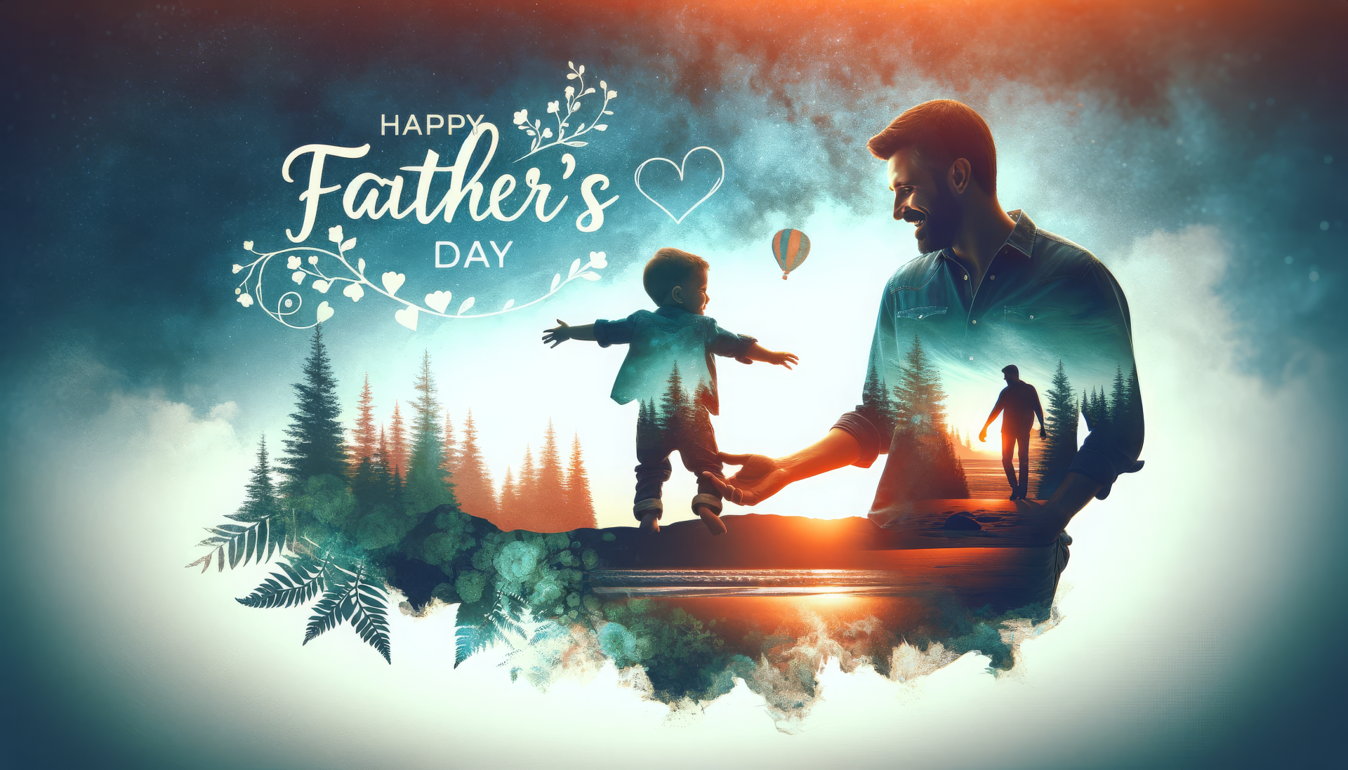 A vibrant HD wallpaper celebrating Father's Day, featuring a silhouette of a father and child against a dreamy landscape, adorned with the text Happy Father's Day.