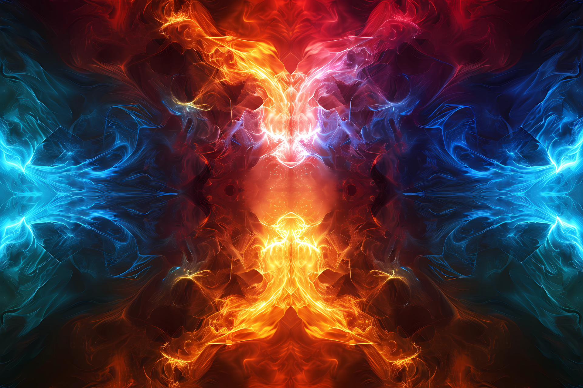 Abstract colorful AI art: symmetrical, kaleidoscopic energy swirls with a fiery orange-red center and electric blue plumes — 5K Ultra HD PC desktop wallpaper/background.