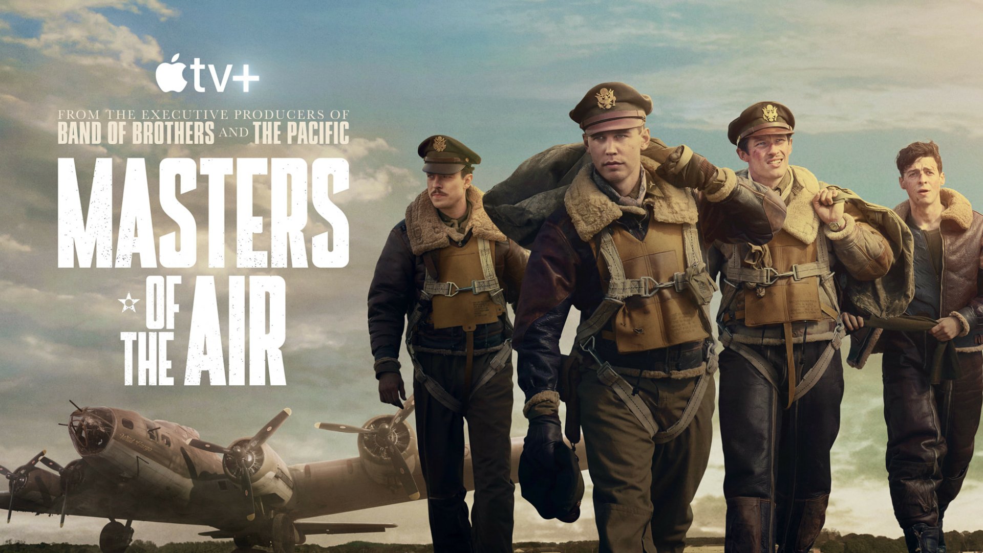 HD desktop wallpaper featuring the promotional image for the TV show 'Masters of the Air' with actors in military uniforms representing characters of the series, against the backdrop of a wartime airfield and aircraft.