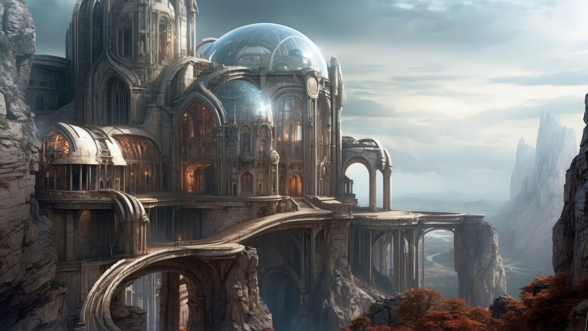 Fantasy monastery perched on mountain cliffs HD wallpaper