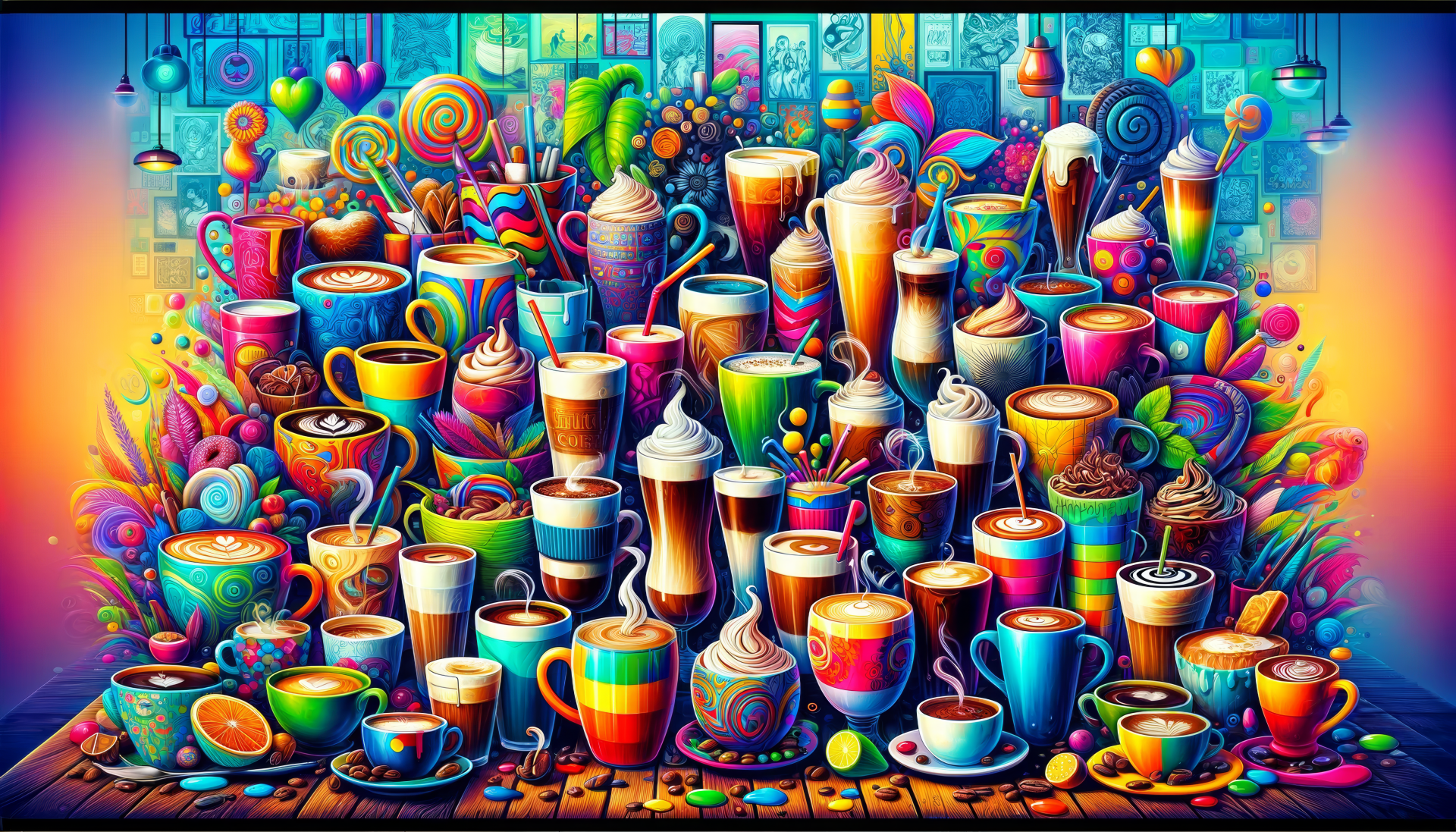 Colorful HD desktop wallpaper featuring a variety of artistic coffee cups and mugs with abstract background.