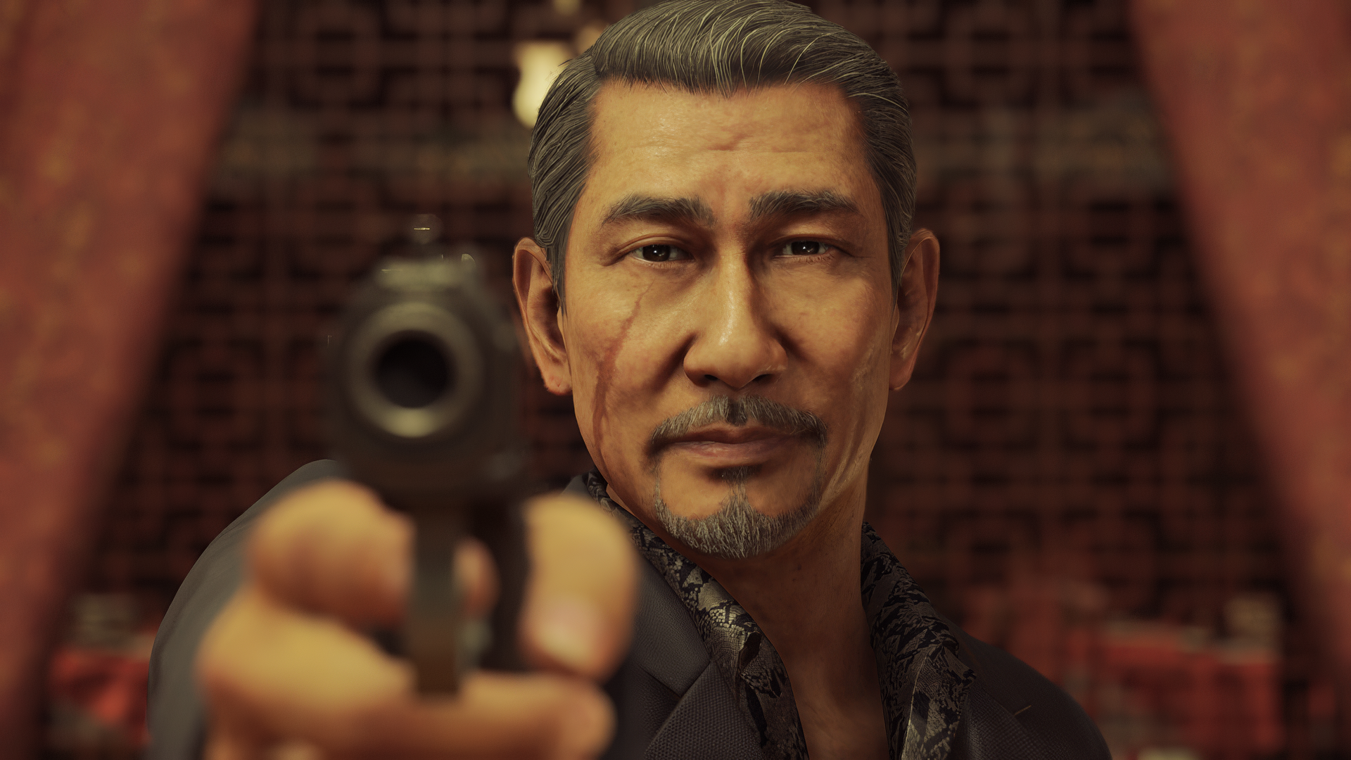 Yakuza: Like a Dragon HD wallpaper featuring a close-up of a character aiming a handgun with a focused expression.