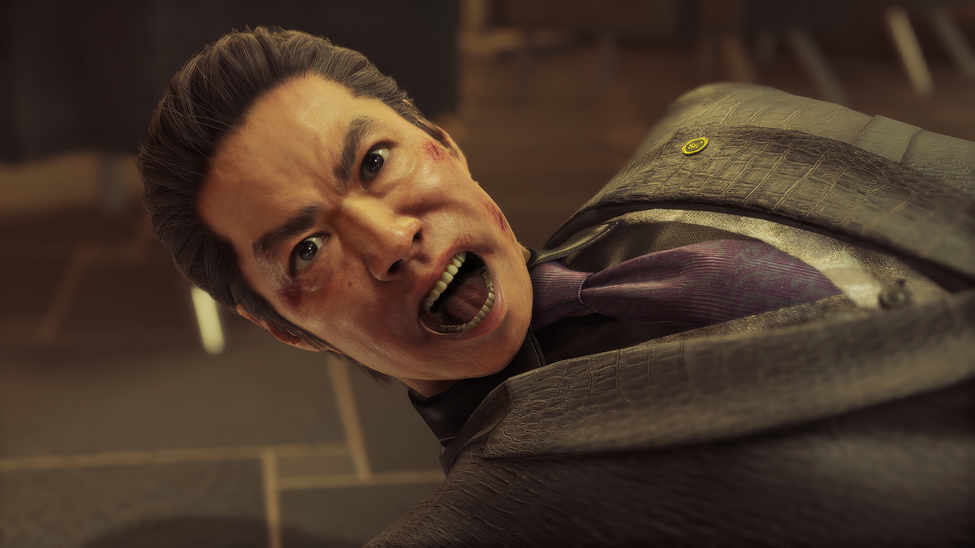 A dramatic scene from the video game Yakuza: Like a Dragon, featuring a character in a suit, expressing intense emotion in an HD desktop wallpaper format.