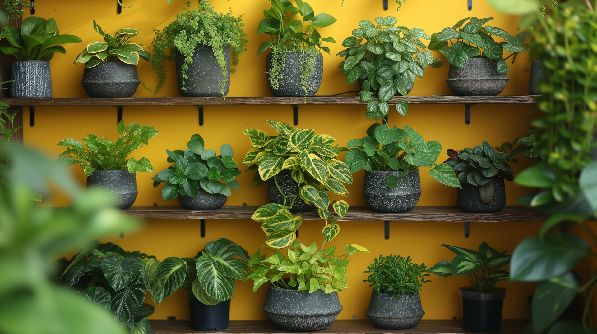 A vibrant display of various houseplants in stylish pots against a bright yellow wall, creating a lush and inviting atmosphere, suitable as a HD desktop wallpaper.