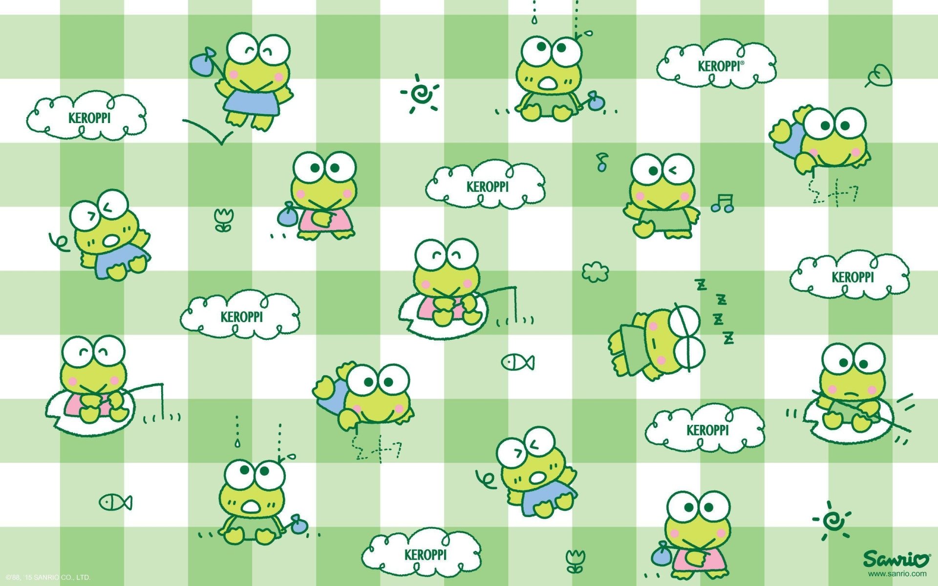 HD desktop wallpaper featuring a pattern of the anime character Keroppi from Sanrio on a checkered green background.
