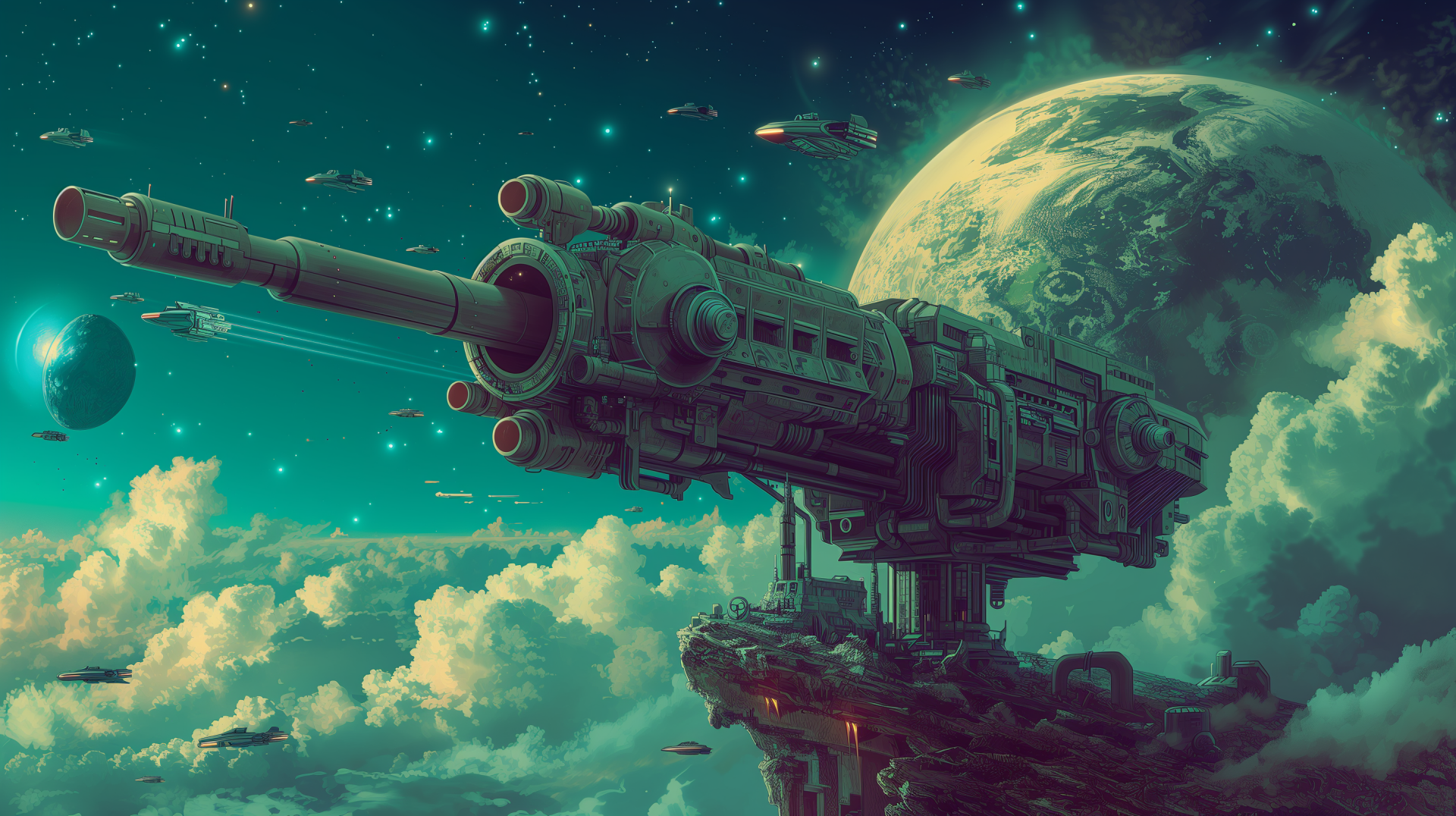HD desktop wallpaper of a colossal space cannon for planetary defense with a celestial backdrop and floating spacecrafts.