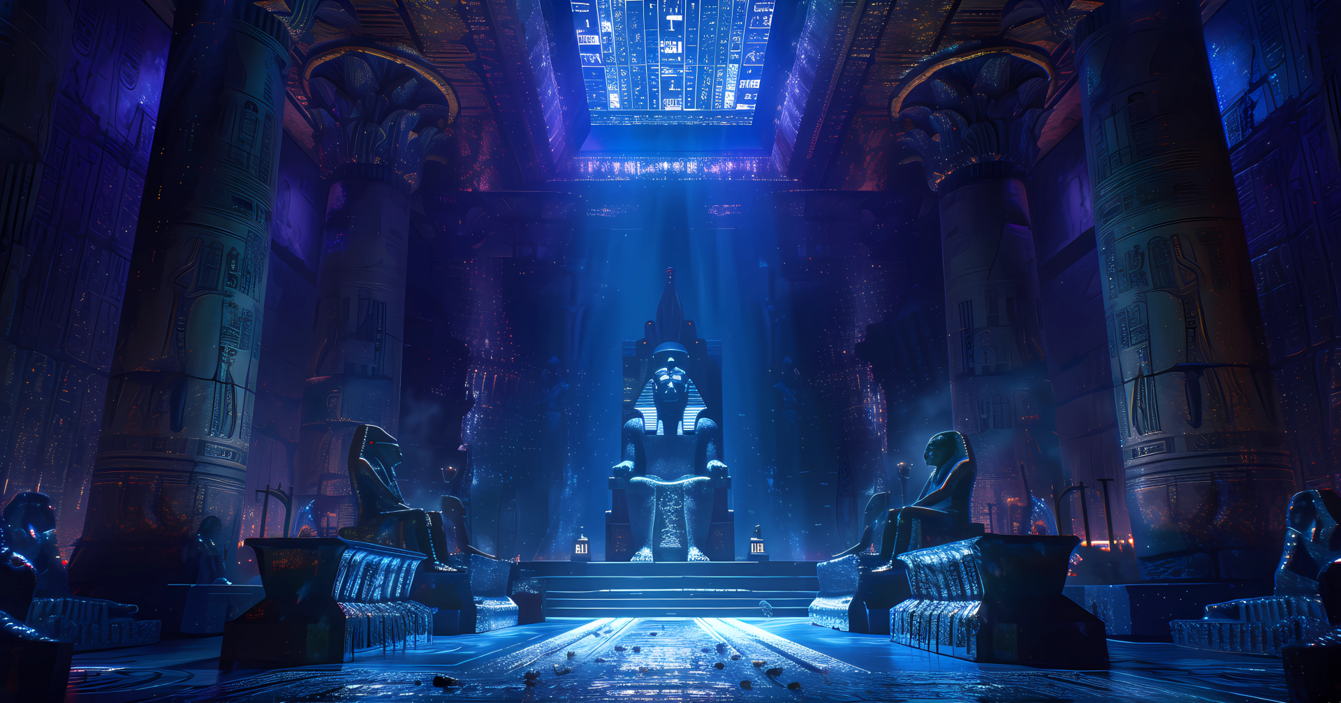 HD wallpaper depicting a mystical Egyptian pharaoh on a throne in a fantasy setting with ancient, illuminated architecture.