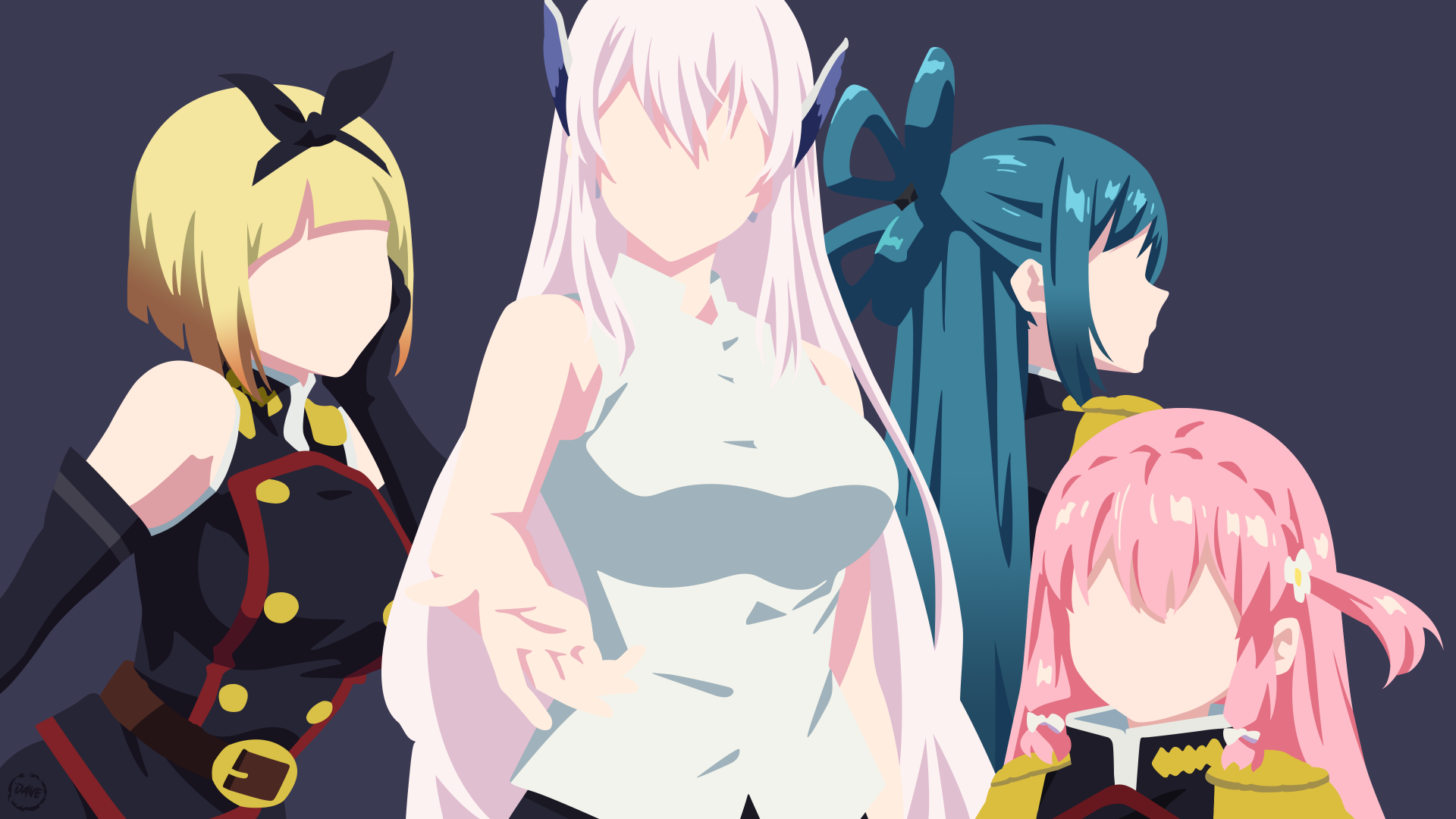 Anime-style illustration of four faceless female characters from Chained Soldier, rendered in vibrant colors, designed as a 4K Ultra HD PC desktop wallpaper background.