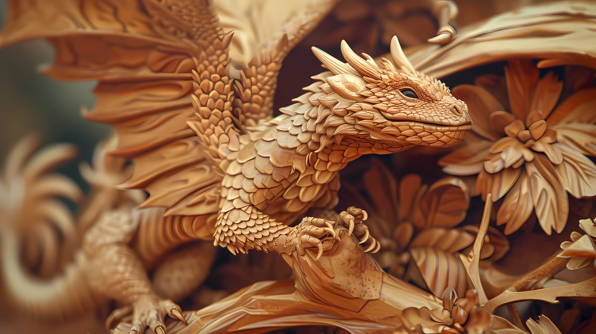 HD desktop wallpaper featuring a detailed wood carving of a dragon entwined in fantasy floral motifs.