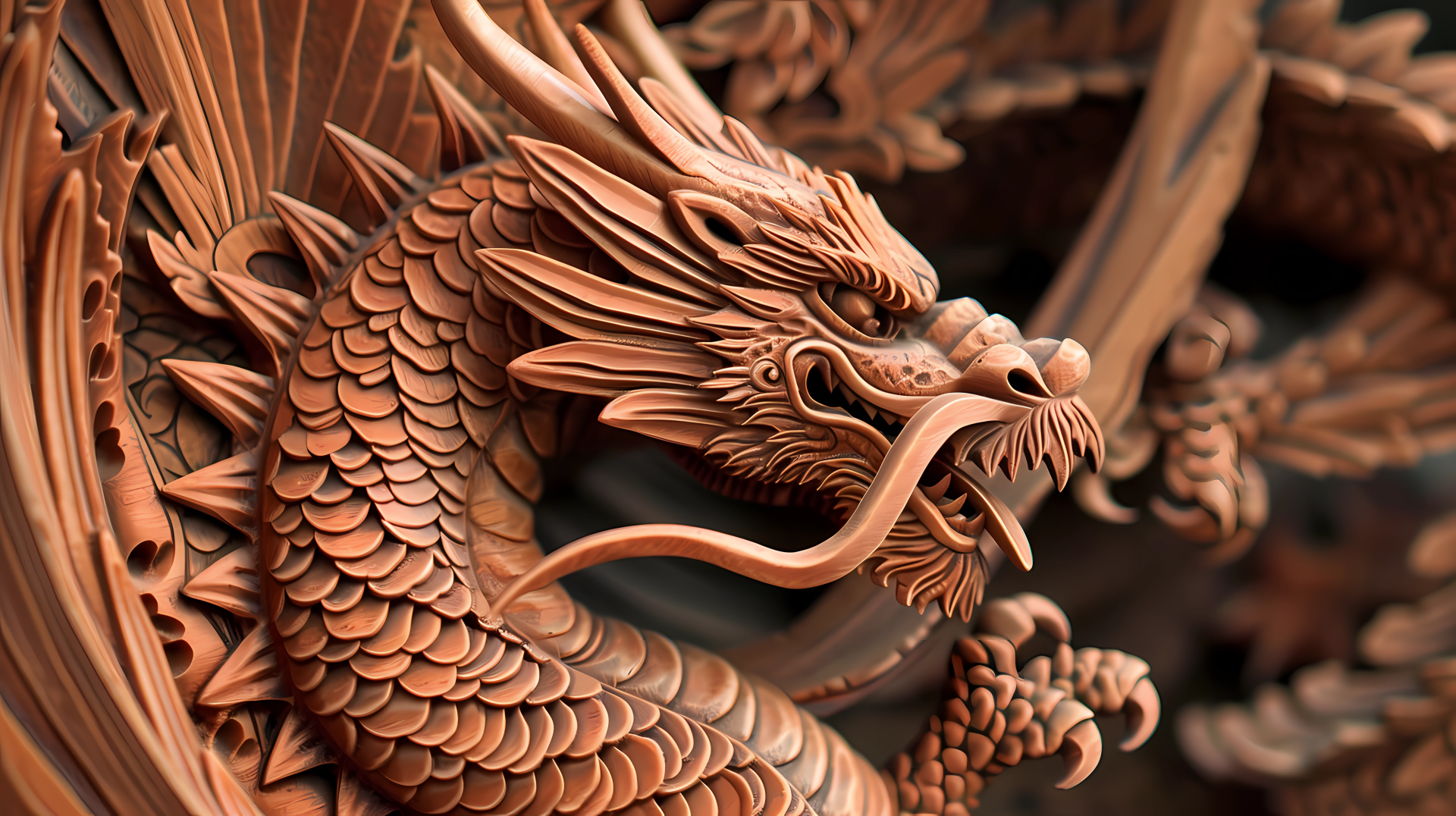 Intricately carved wooden dragon for diverse fantasy-themed HD desktop wallpaper emphasizing Asian artistry.