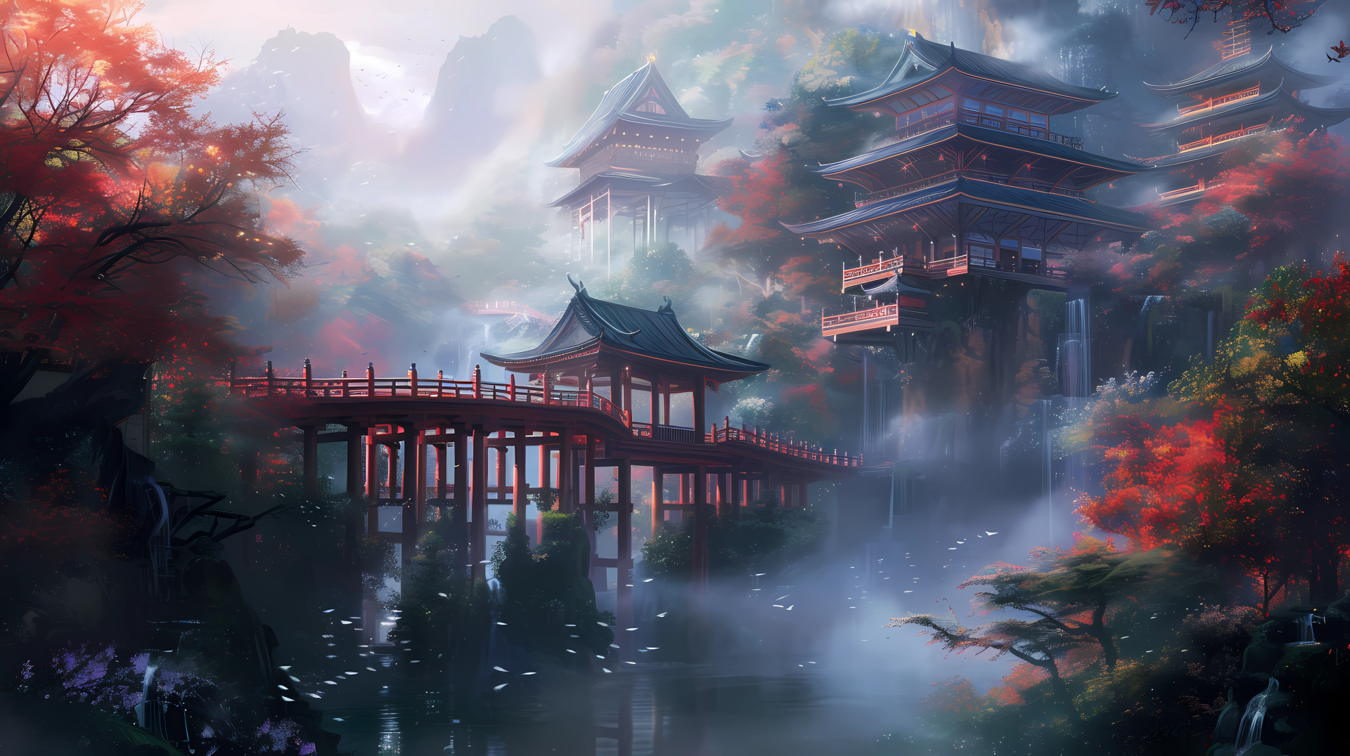 HD desktop wallpaper featuring a mystical Asian fantasy scene in Japan, with ancient temples enveloped in mist and vibrant autumn foliage.