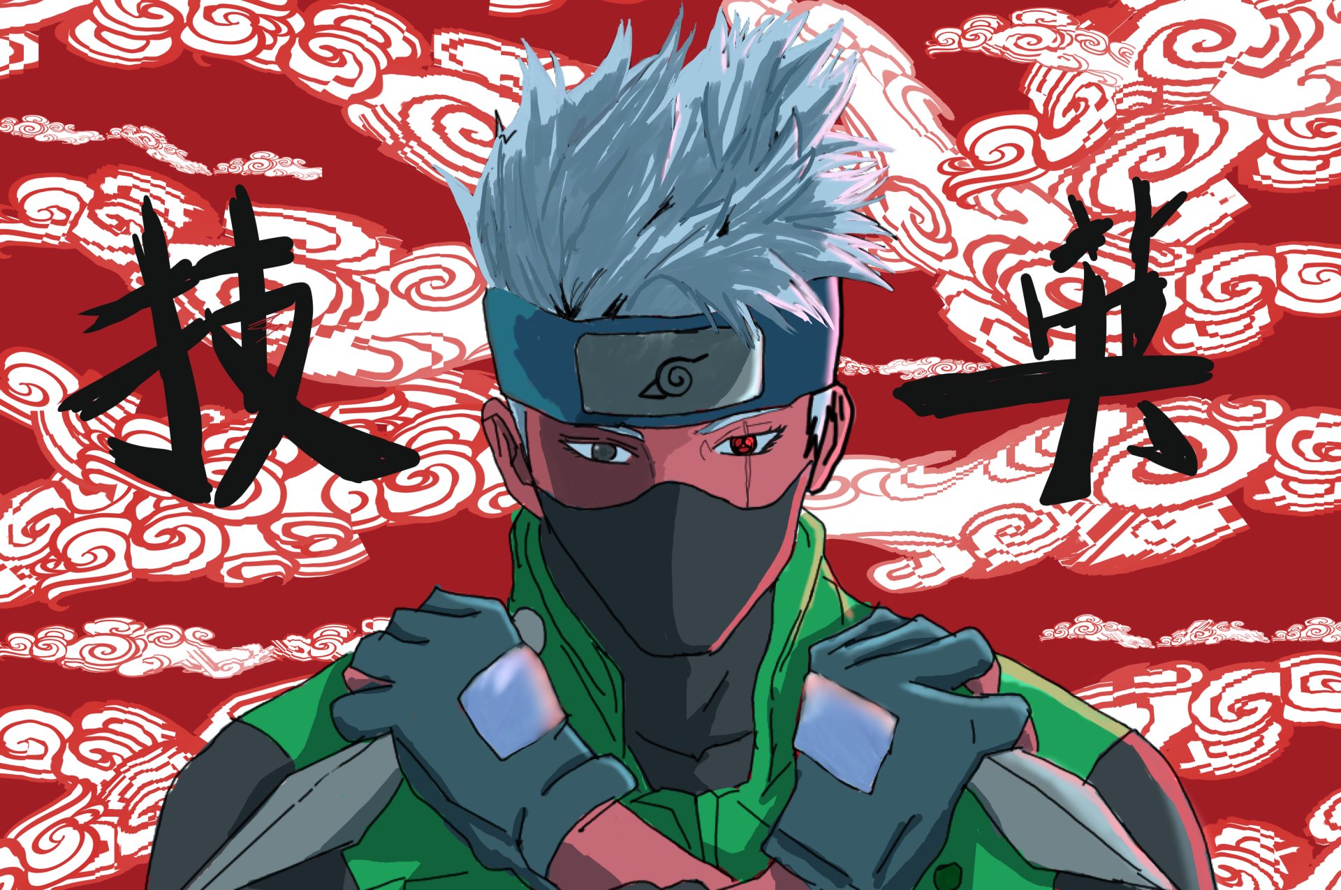 Kakashi Hatake in detailed anime style with vibrant red swirling clouds background, rendered in 4K Ultra HD for a striking PC desktop wallpaper.