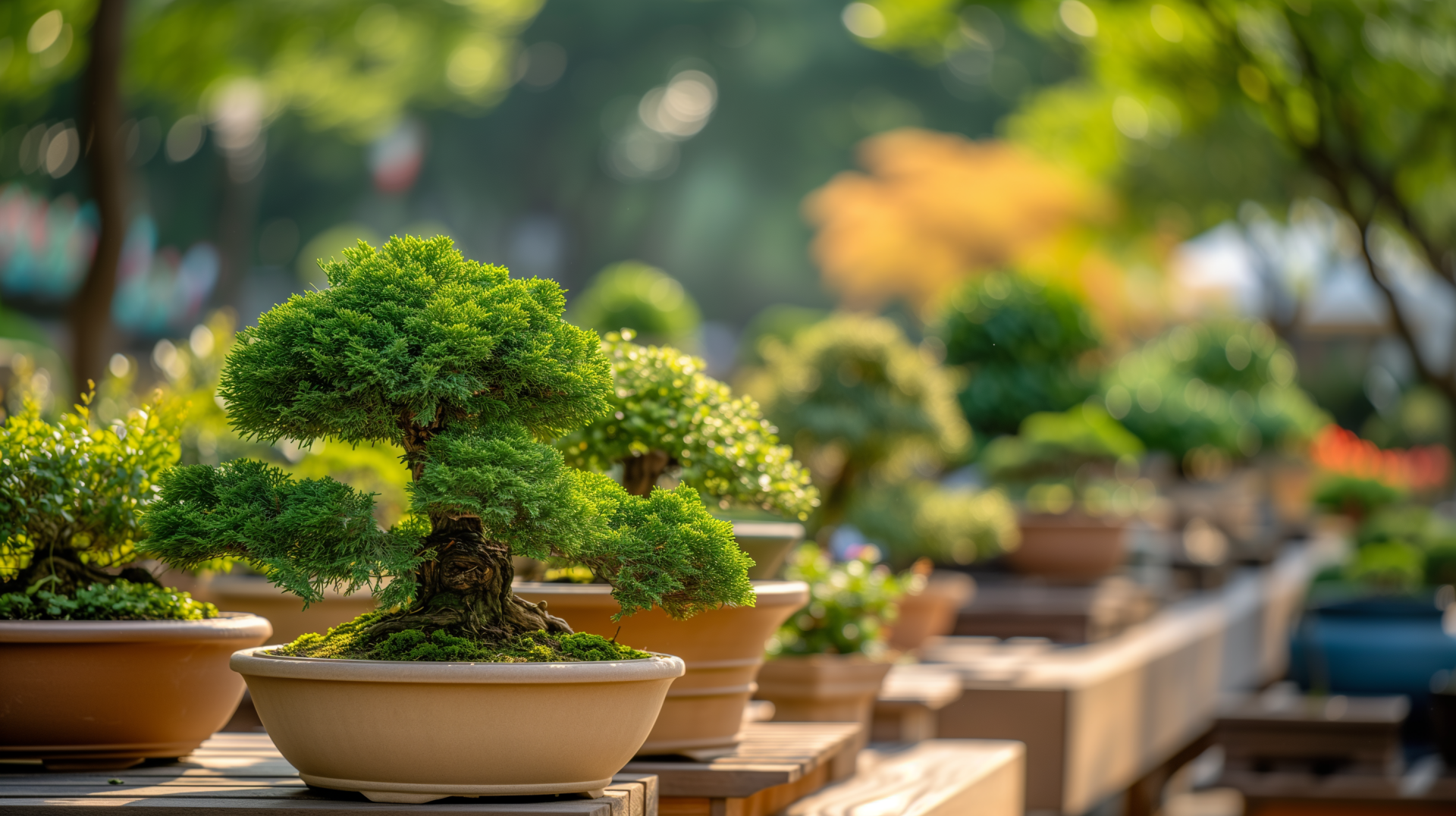 A serene bonsai garden featuring meticulously shaped bonsai trees in elegant pots, creating a tranquil atmosphere. This HD image serves as a beautiful desktop wallpaper or background.
