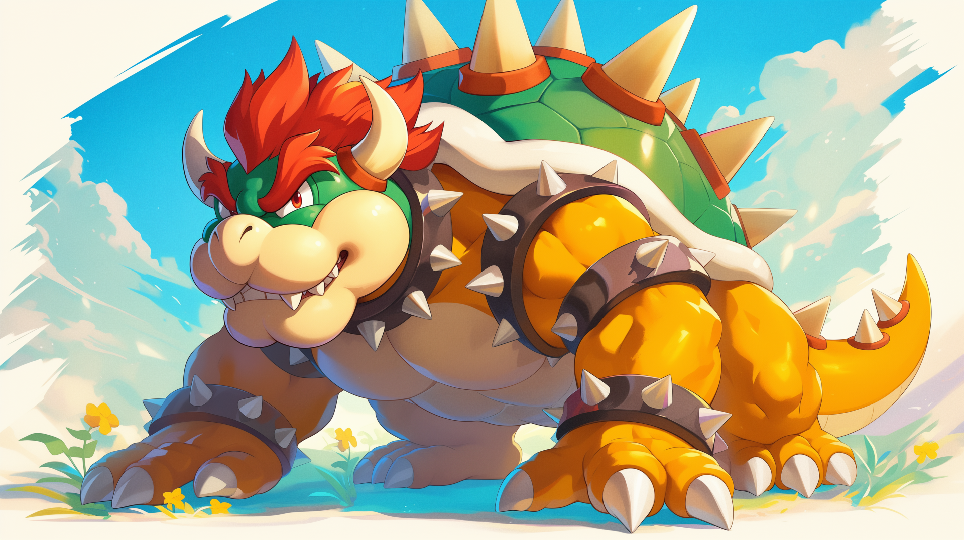HD desktop wallpaper featuring Bowser from the Mario series in a vibrant, animated style against a bright, sky-blue background with subtle floral elements.