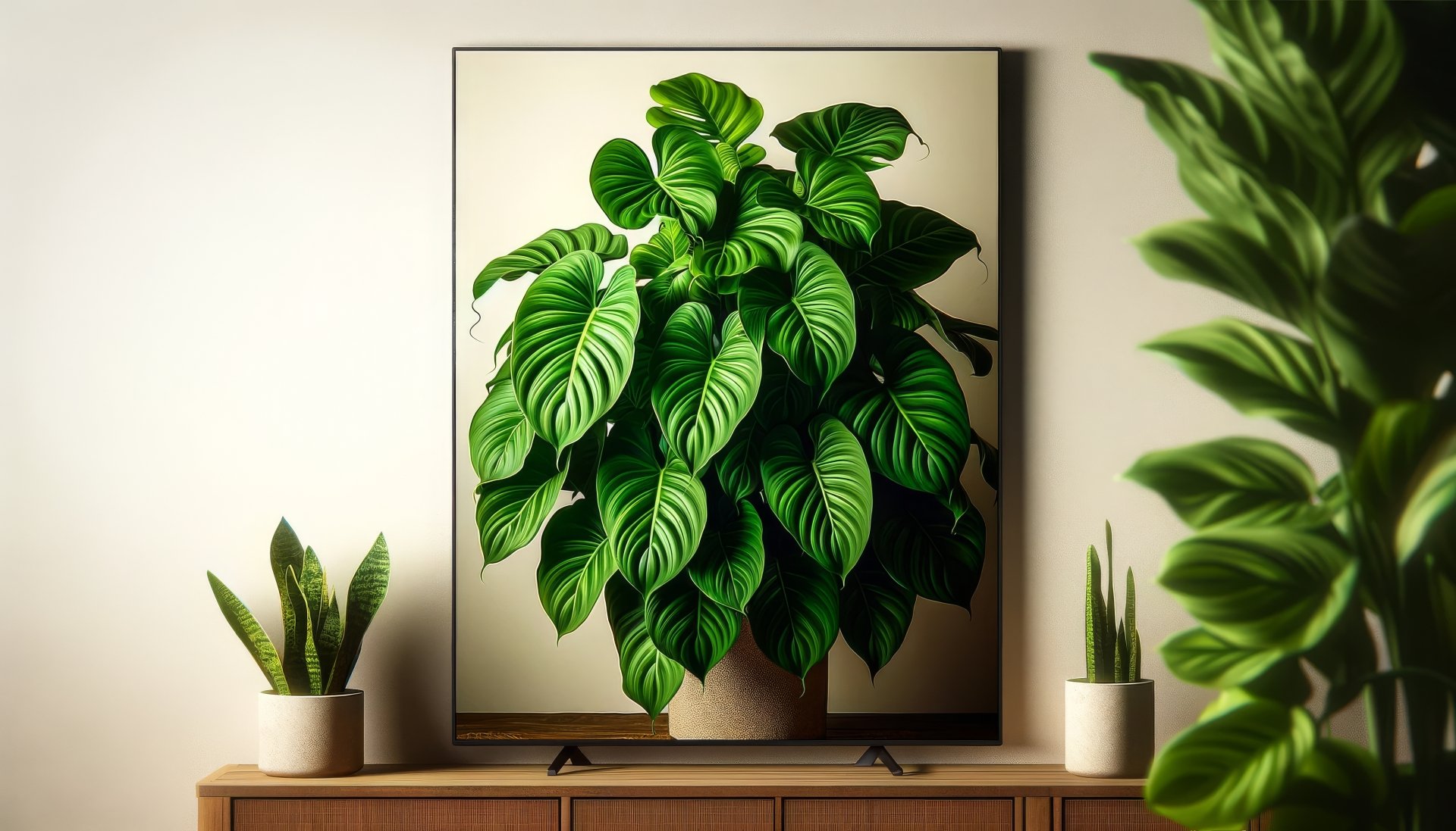 HD desktop wallpaper featuring a vibrant houseplant illustration as the focal point in a stylish interior setting with additional plants on a wooden sideboard.