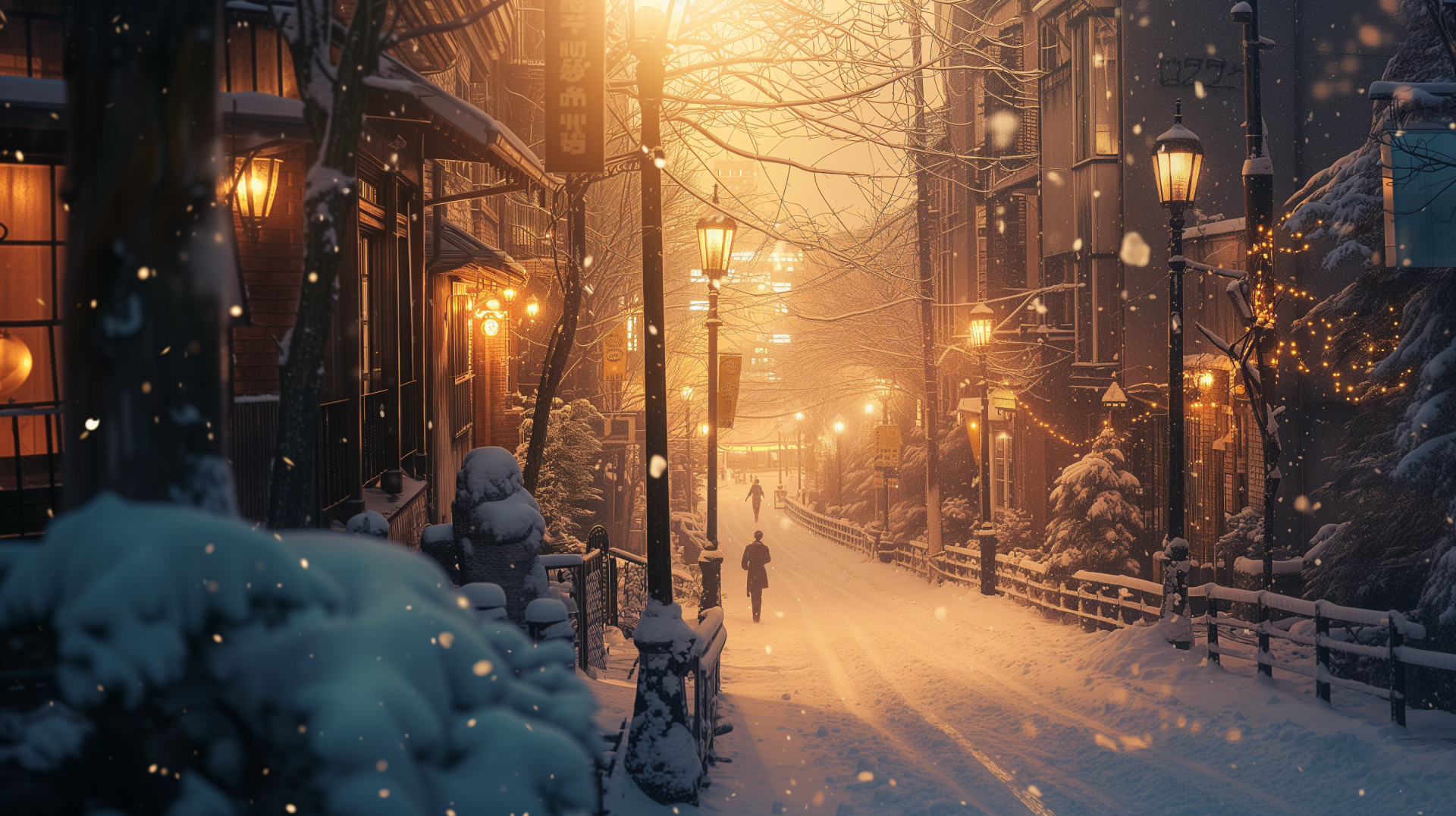 A serene snowy city scene captures softly lit streetlamps along a tranquil, snow-covered pathway, inviting a sense of calm and winter beauty. An enchanting HD desktop wallpaper.