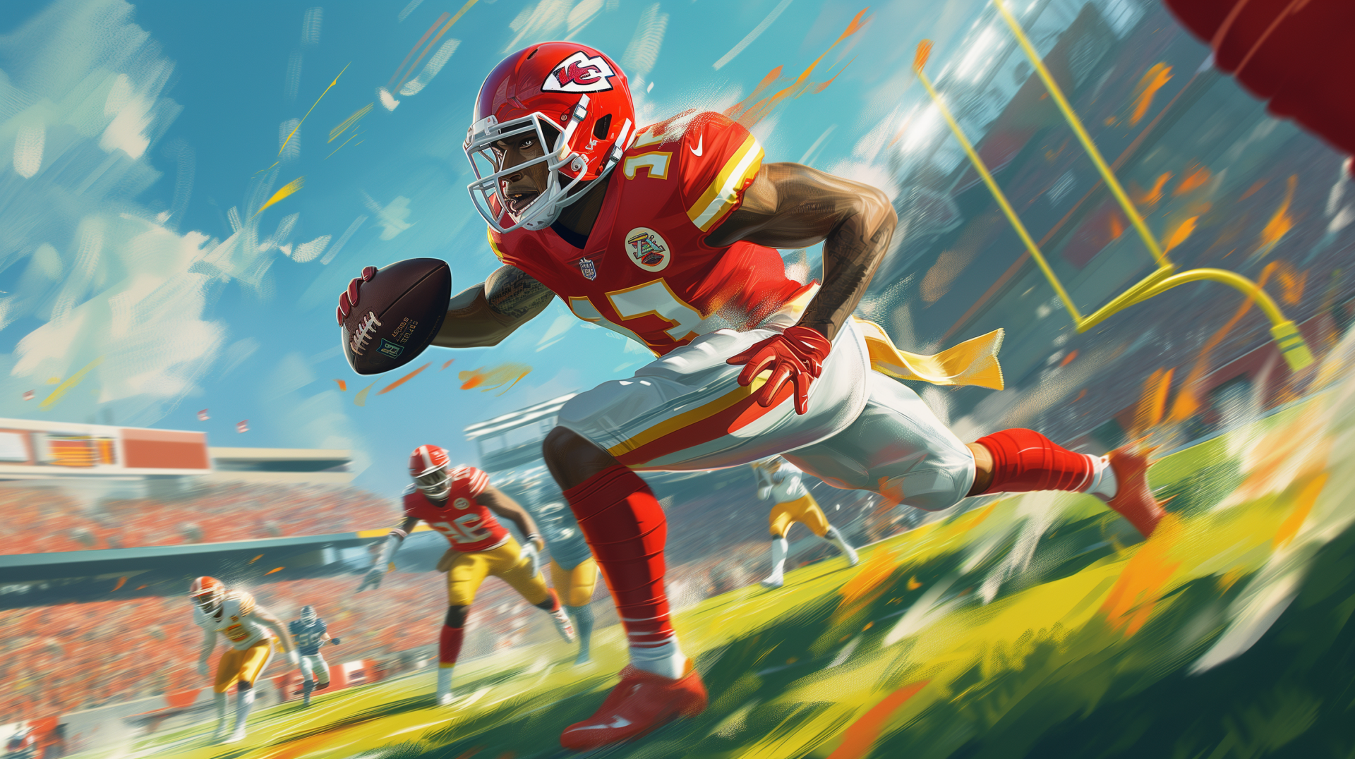 A dynamic football scene featuring a player in a red jersey sprinting towards a touchdown, vibrant colors and action-packed background make this an engaging HD desktop wallpaper.