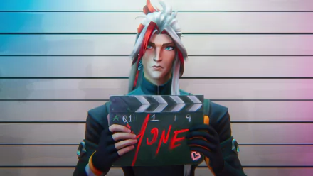 Yone from League of Legends holding a clapperboard with Yone written on it, featuring a Heartsteel theme, as a vibrant HD desktop wallpaper.