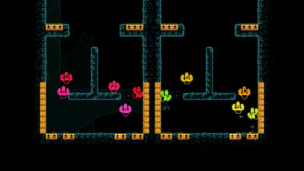 HD desktop wallpaper of the KarmaZoo game, showcasing vivid pixel art style with colorful creatures and platforms against a dark background.